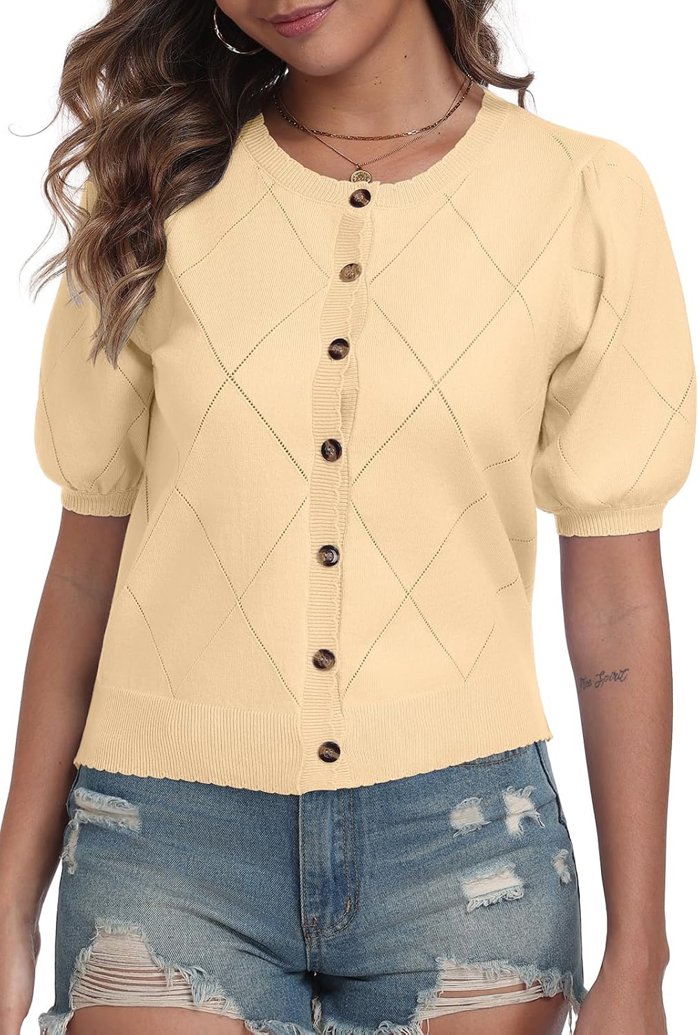 Detalle 2 de YUNDAI Women’s Puff Sleeve Cardigan – Lightweight Crew Neck Knit Top
