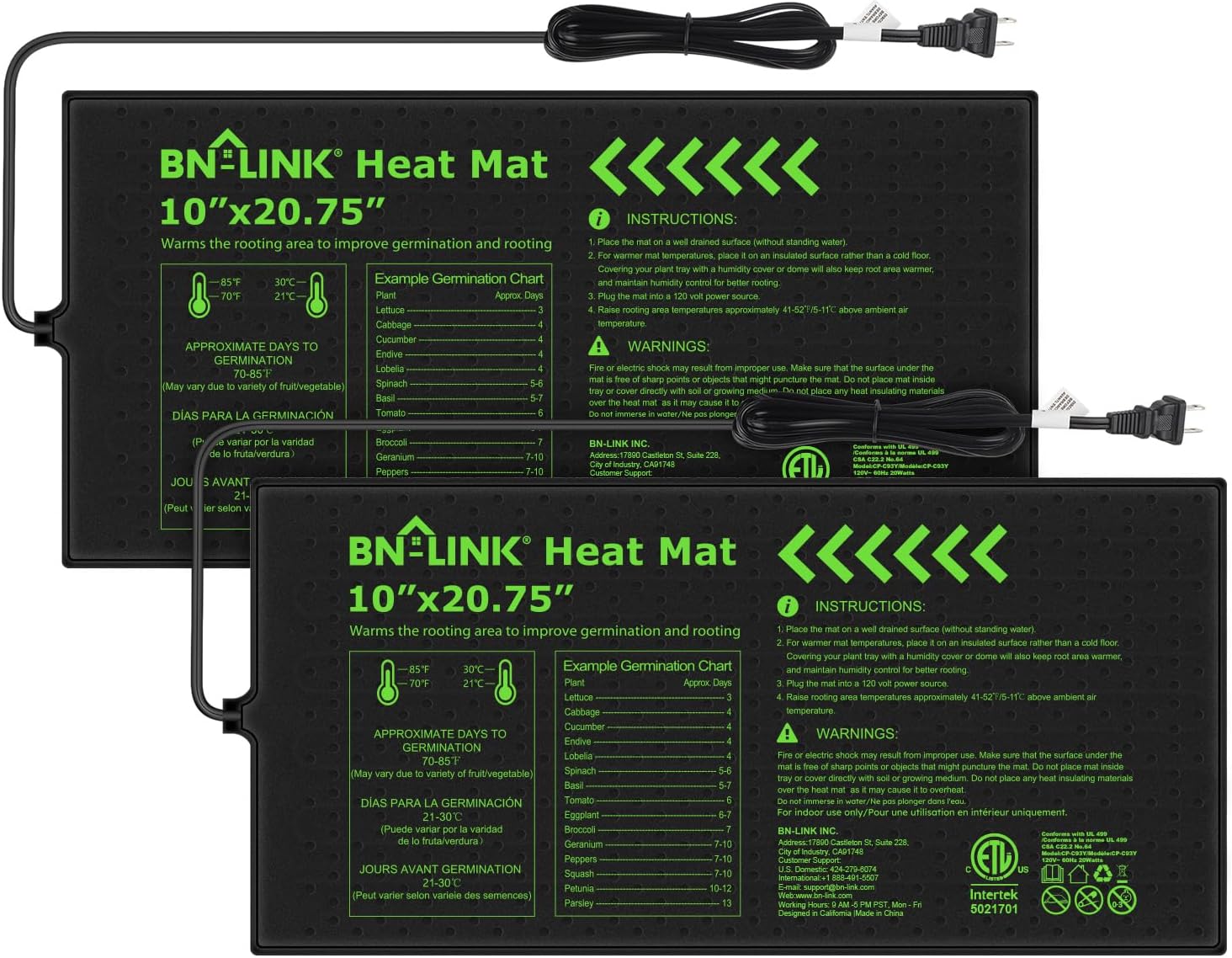 Detalle de BN-LINK CP-C93 Seedling Heat Mats, 2-Pack, Waterproof, 10" x 20.75