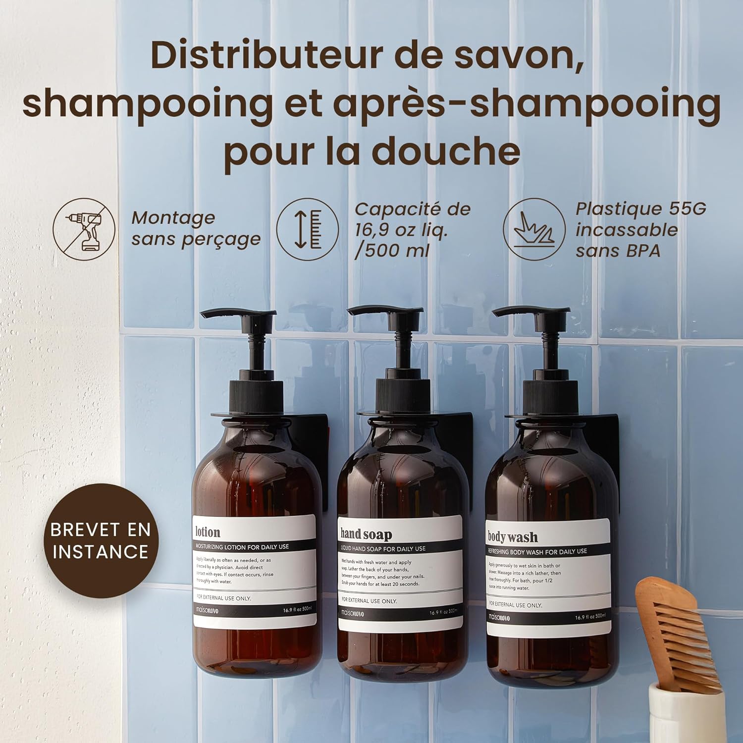 Detalle de MaisoNovo Distributeur Savon Murale sans Percage – Lot de 3 × 500 ml Ambre Classique