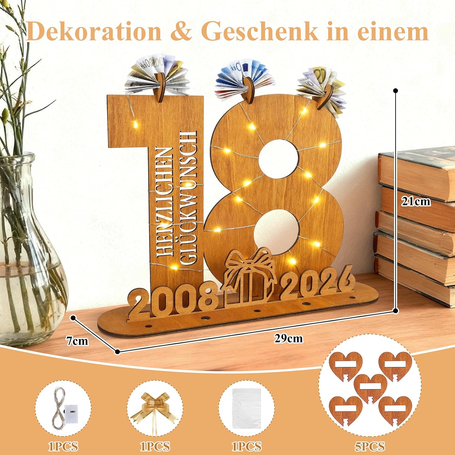Detalle 2 de ARTREE Geldgeschenk zum 18. Geburtstag 2026 aus Holz mit LED-Lichterkette, Gästebuch-Schild & Tischdeko