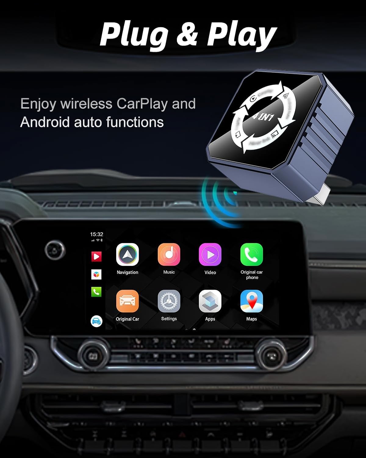 Detalle de nilic Wireless CarPlay & Android Auto Adapter 2 in 1 (USB Plug & Play, Wireless upgrade for wired systems from 2017+) – Not for BMW