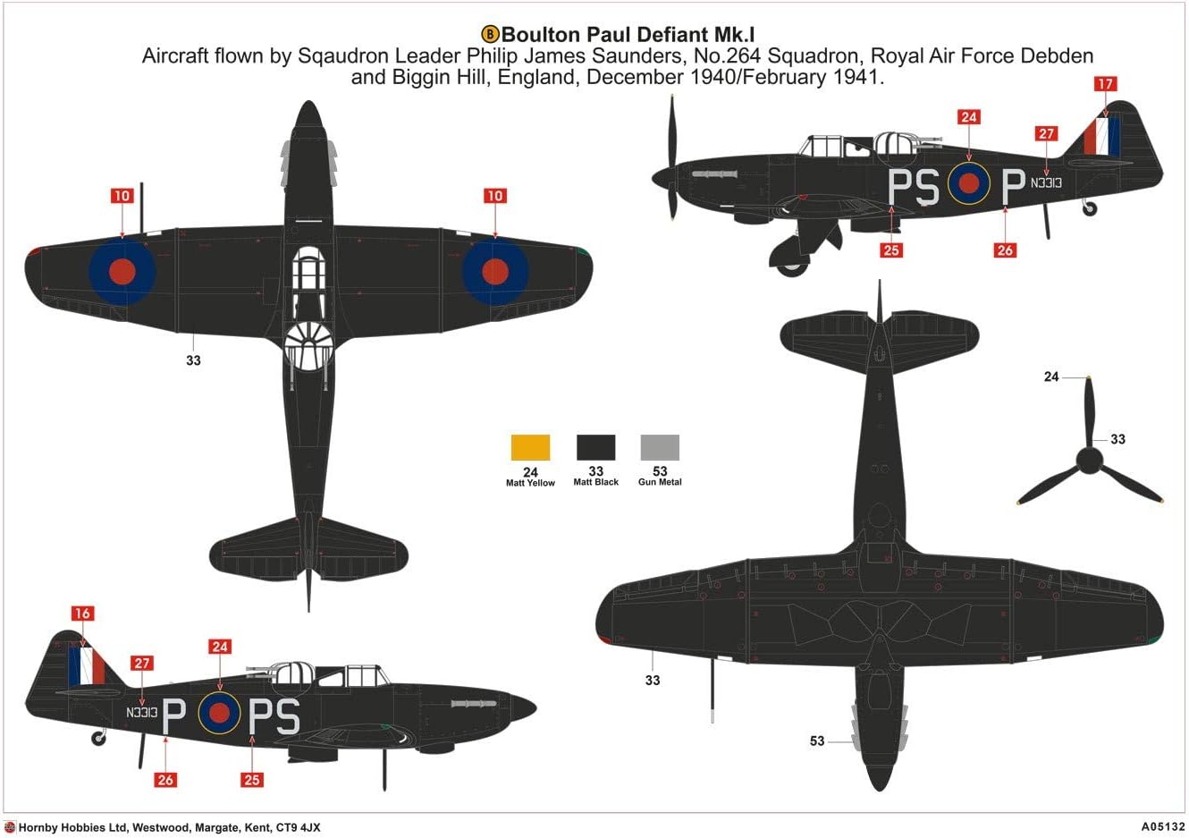 Thumbnail 5 de Airfix Standard Model Set A05132: Boulton Paul Defiant NF.I 1:48 Scale Kit (113 Parts)