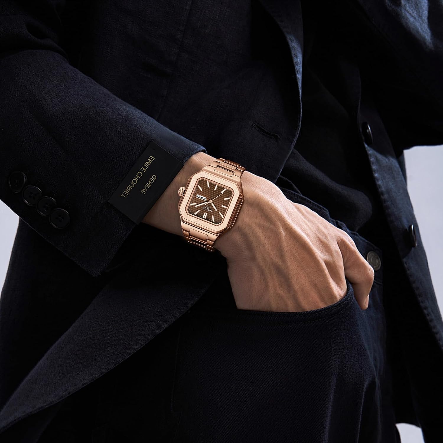 Detalle 2 de NIBOSI Orologio da polso da uomo analogico al quarzo in acciaio inox quadrato impermeabile 3 ATM stile business