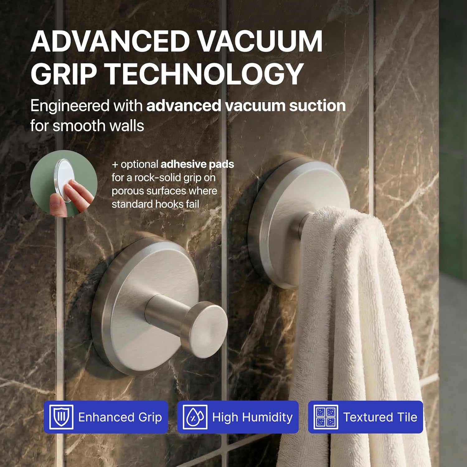 Detalle de HOME SO 2-Pack Suction Cup Hooks for Shower & Bathroom – Nickel Finish