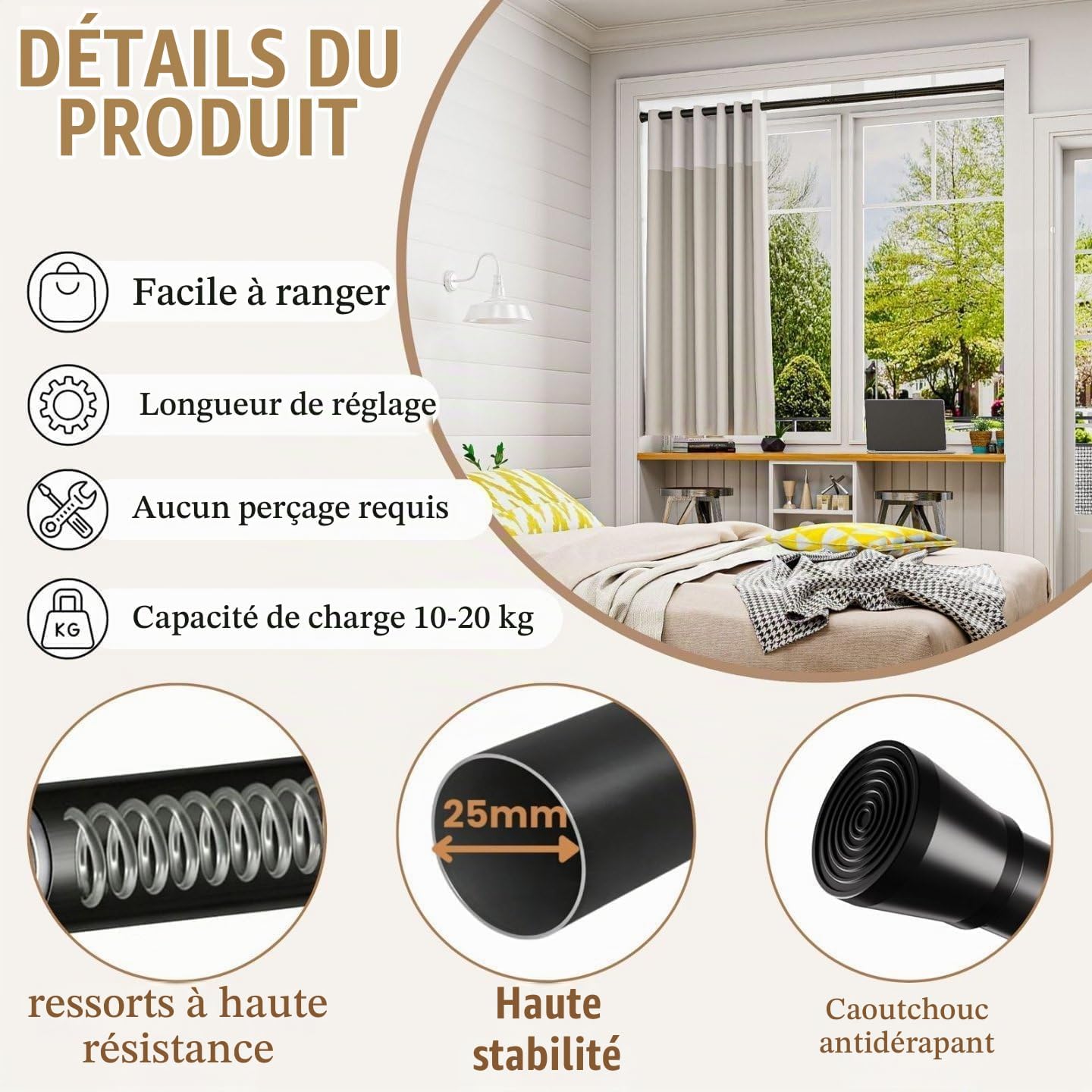 Detalle de Rod&Trikin NO4-8089-17 douchegordijnstang, 135–200 cm, zonder boren
