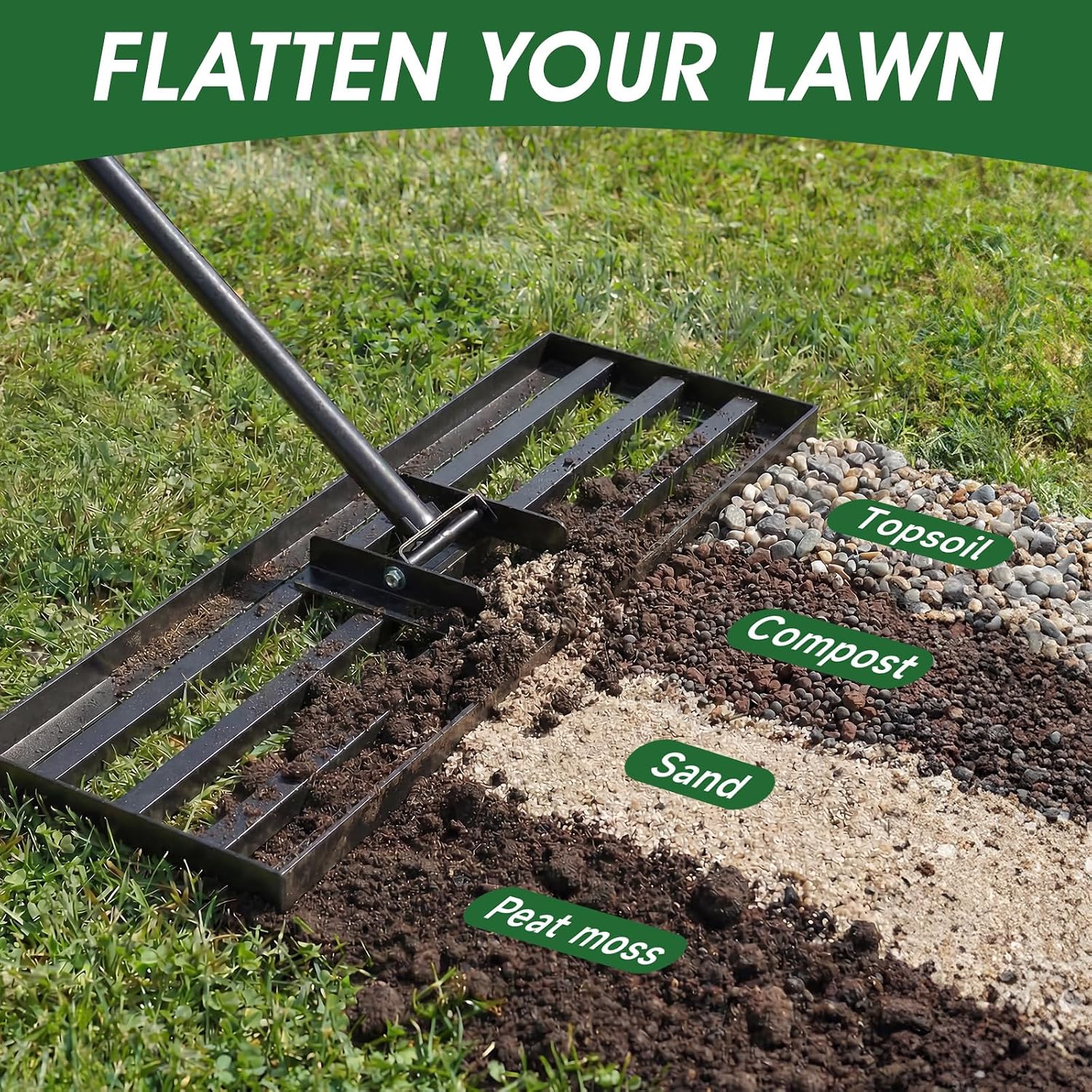 Detalle 2 de Lawn Leveling Rake – Adjustable Handle, Dual Plate Sizes, Level Soil & Sand Faster (3X) with Stable Heavy-Duty Design