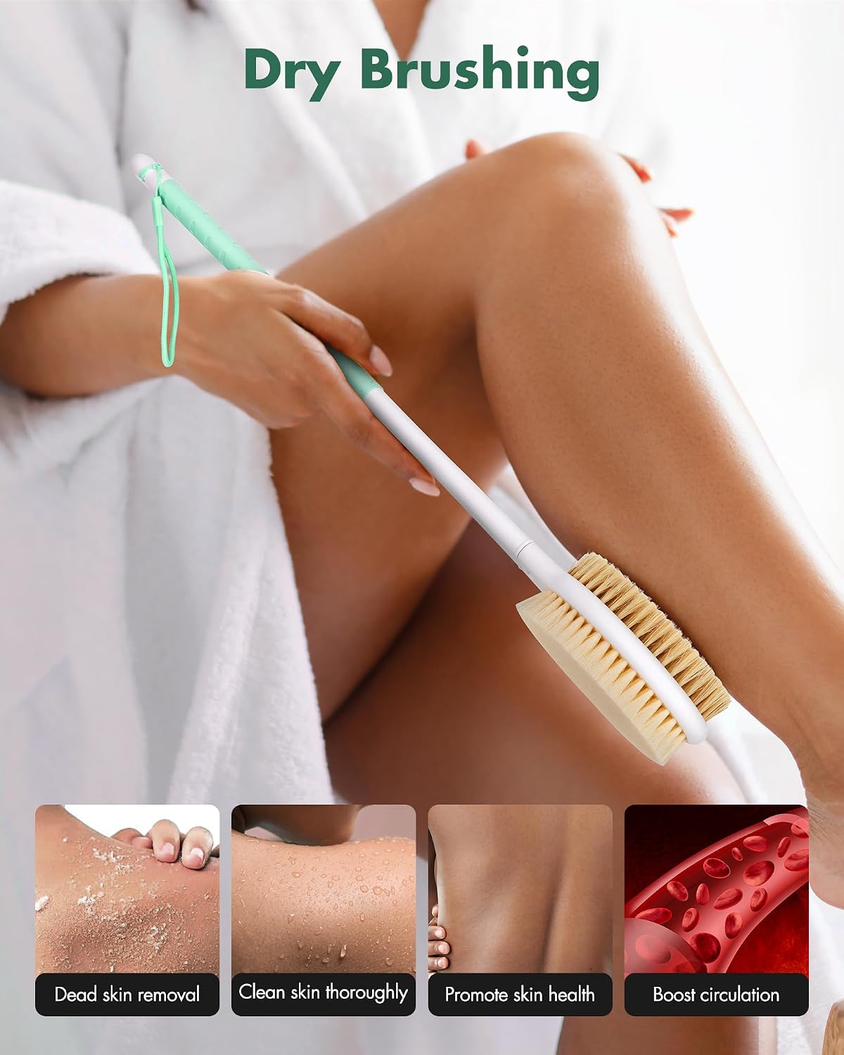 Detalle de Back Scrubber Body Shower Brush with Anti-Slip Long Handle (Mint Green) – Stiff & Soft Double-Sided Bristles