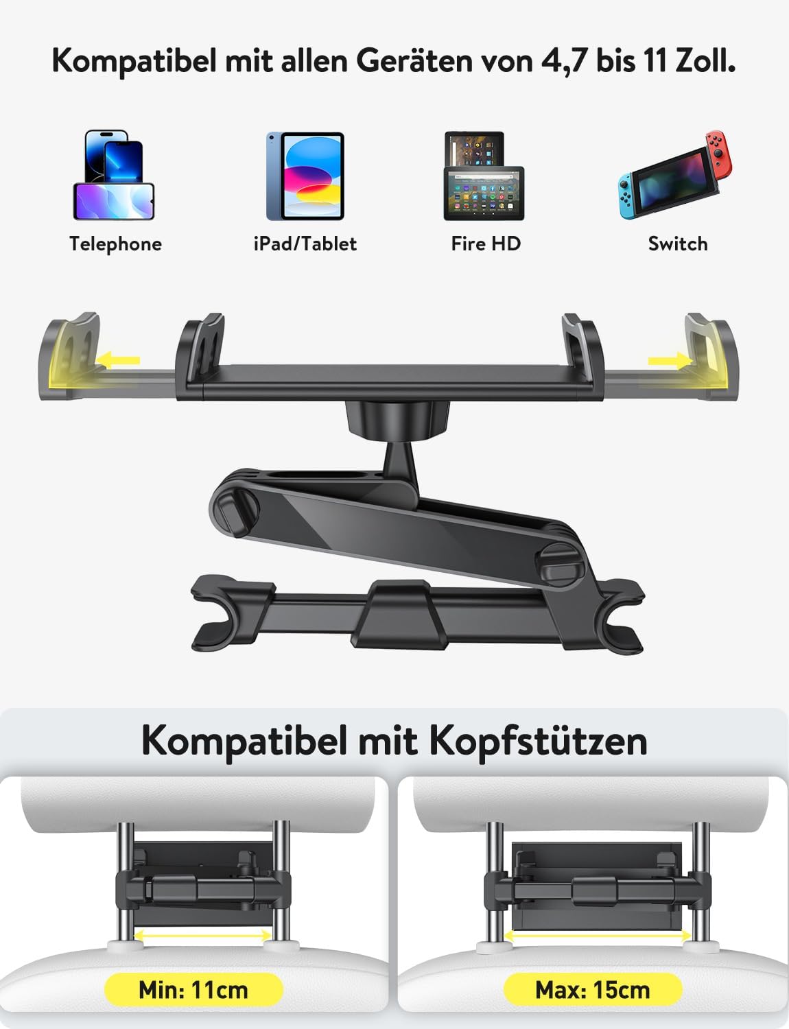 Detalle de TRYONE Tablet Halterung Auto – ausziehbare Kopfstützenhalterung für 4,7–11 Zoll Tablets (iPad, Samsung, Kindle Fire, Switch)