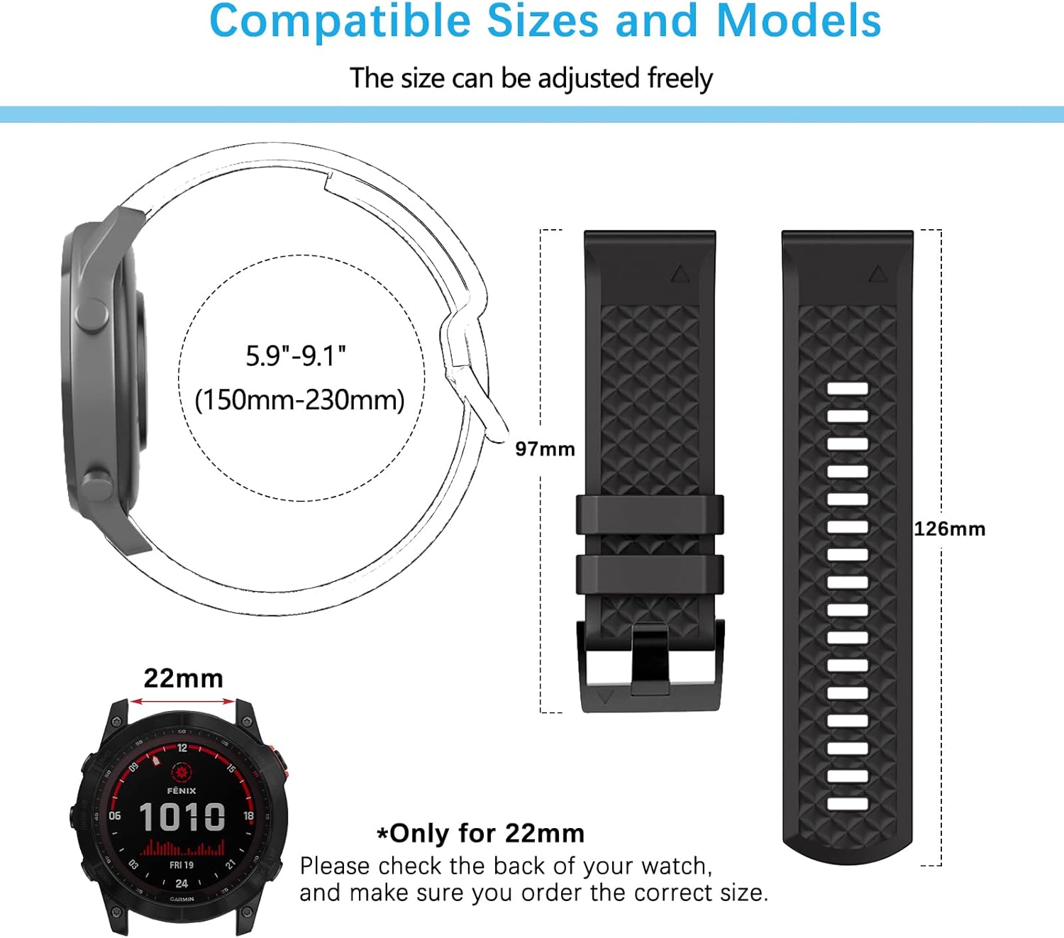Thumbnail 4 de LanQii 22 mm QuickFit Silikon-Armband (schwarz/grau) für Garmin Tactix 8 & Fenix 47 mm