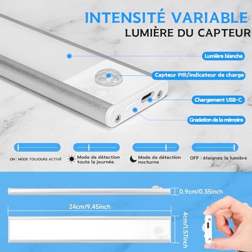 Thumbnail 1 de Reglette LED Sous-Meuble Cuisine 24 cm Haokiang (2 Pack) – Détecteur de Mouvement, 6500K, Rechargeable USB