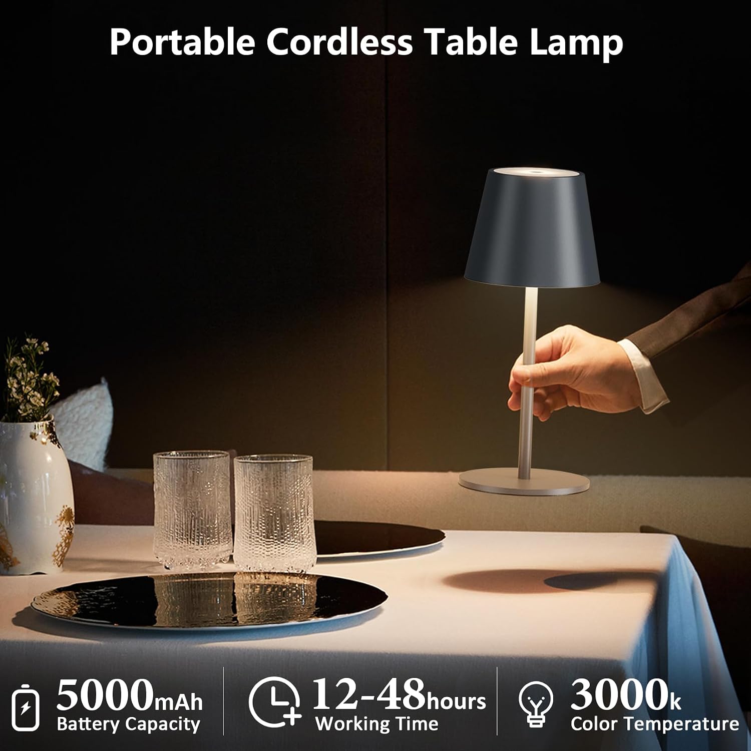 Thumbnail 2 de lundwa dimmbare Akku-Tischleuchten (2er-Set) 26 cm, 5000 mAh, 3 W, 3000 K, IP54 – Anthrazit