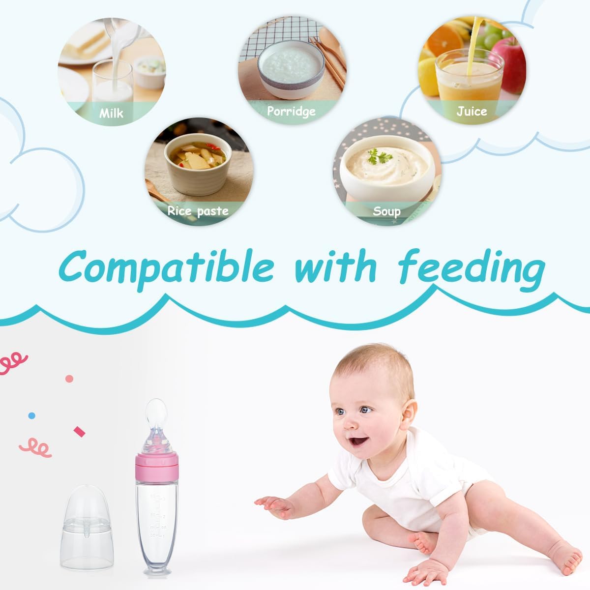 Detalle de Aolso Set di mangiatoie: cucchiai in silicone e biberon, senza BPA