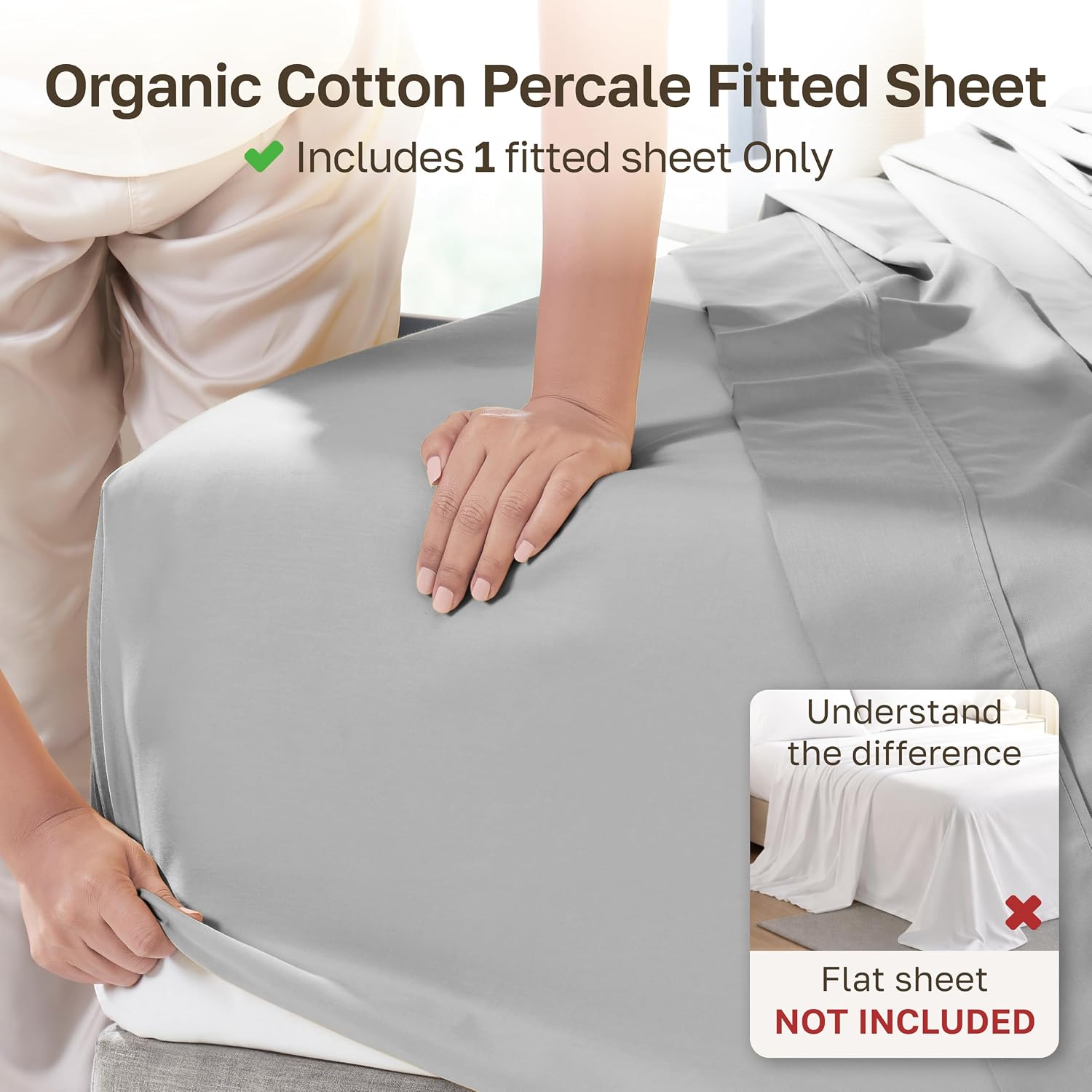 Detalle de California Design Den Organic Cotton Queen Fitted Sheet, 15-Inch Pocket, Percale, Light Grey