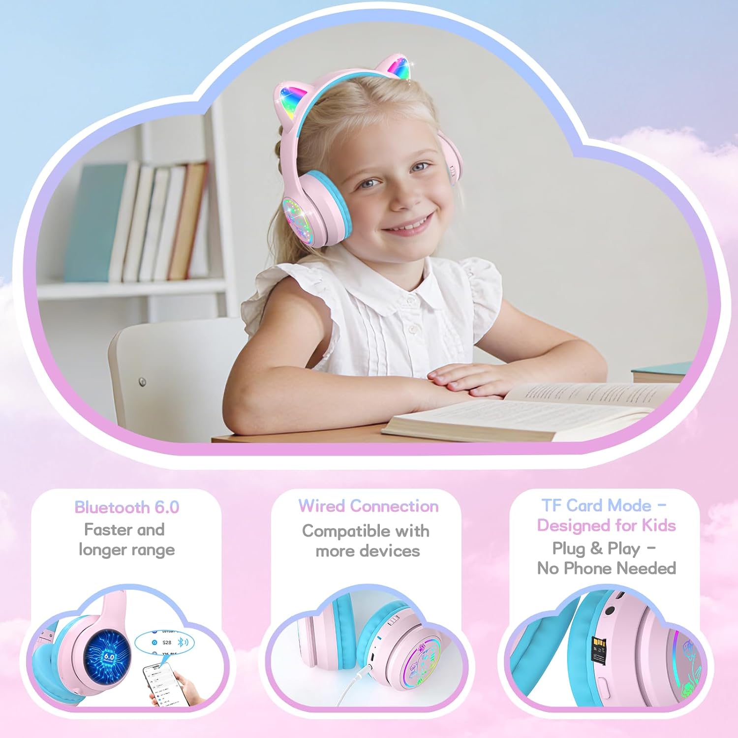 Thumbnail 2 de IFECCO Kids Wireless Headphones with Microphone and LED Cat Ears
