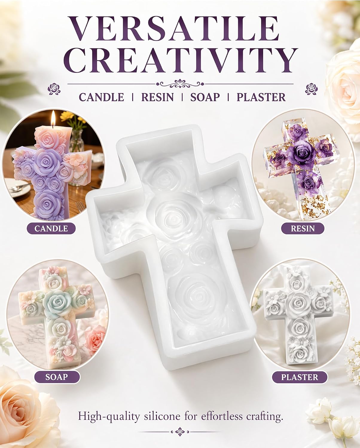 Detalle de Cross Candle Silicone Mold with Rose Detail