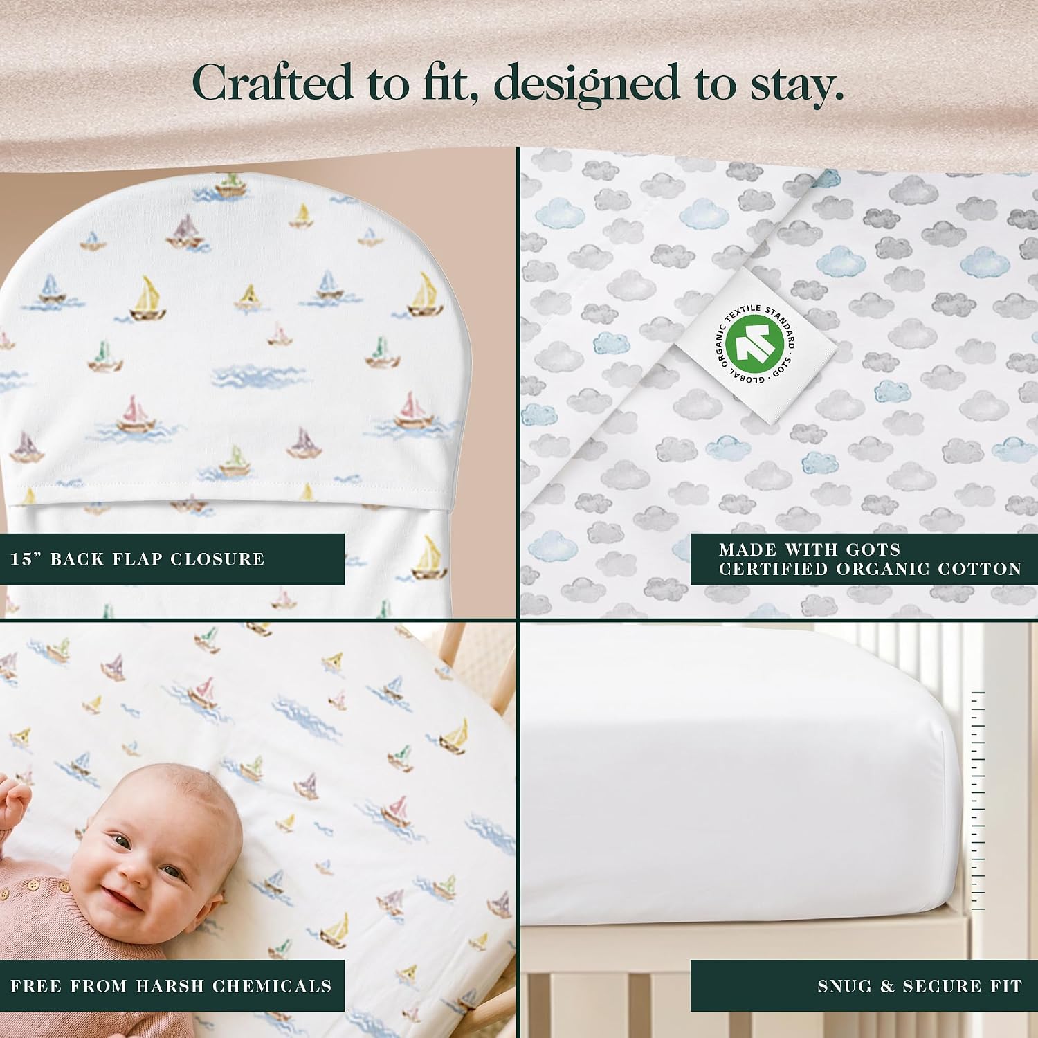 Detalle de THE LINEN COMPANY NEW YORK BFS-3-H Organic Cotton Bassinet Sheets, 3-Pack, 30" x 18", Watercolors