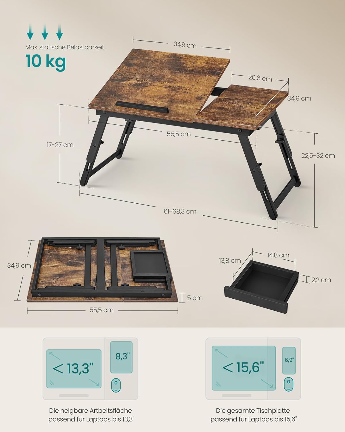 Thumbnail 6 de SONGMICS LLD105B01 Laptoptisch fürs Bett: höhen- und winkelverstellbar, bis 15,6 Zoll, klappbar mit Schublade