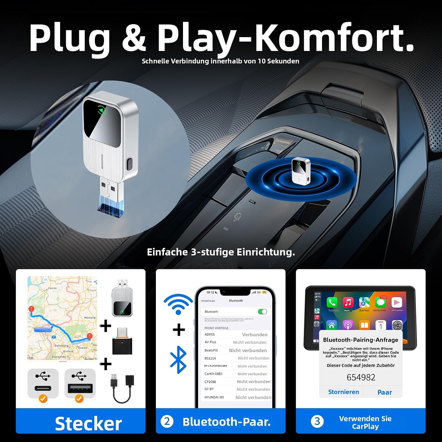 Detalle de SOSECCE Wireless CarPlay Adapter für iPhone (Plug & Play) – kabellose CarPlay-Nutzung im Auto