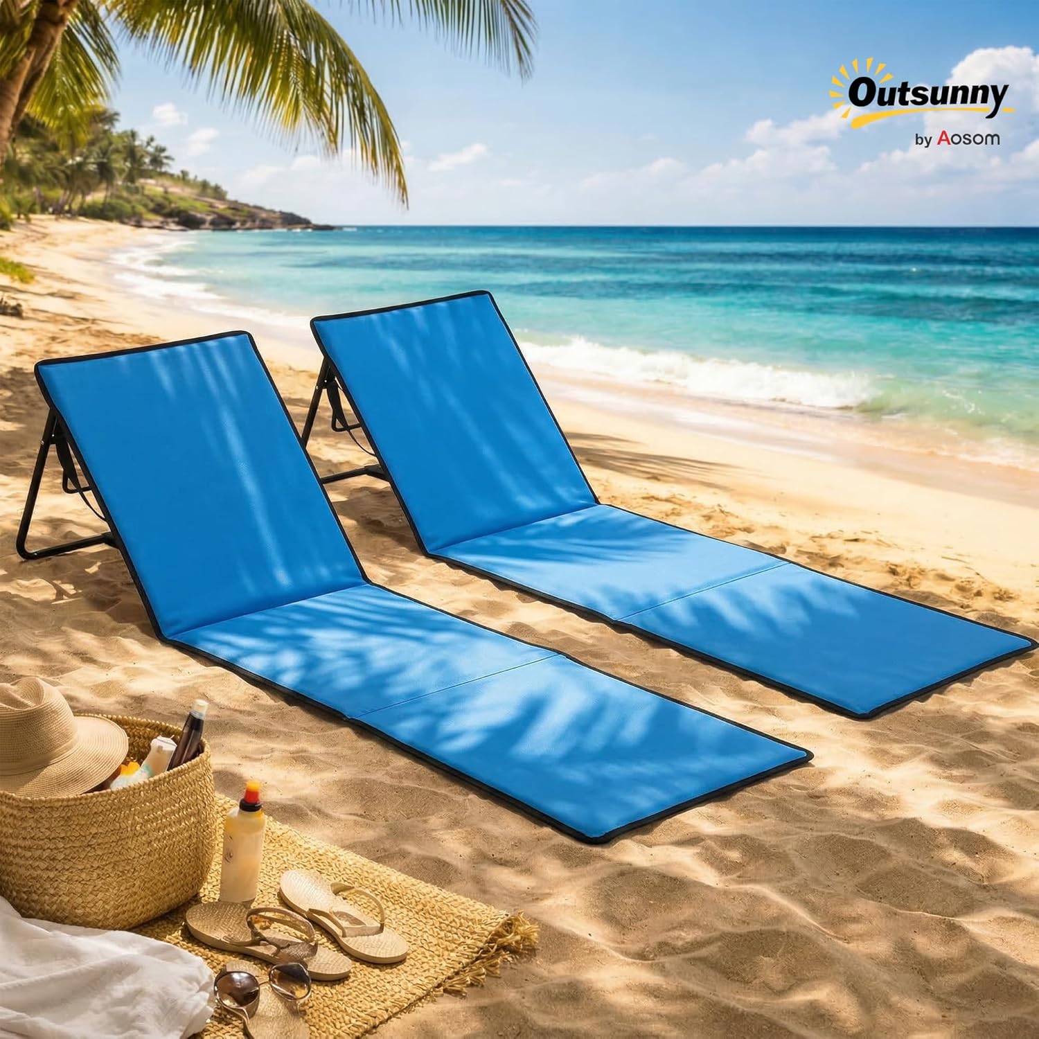 Thumbnail 1 de Outsunny Lot de 2 Tapis de Plage rembourrés avec dossier inclinable et sangle de transport