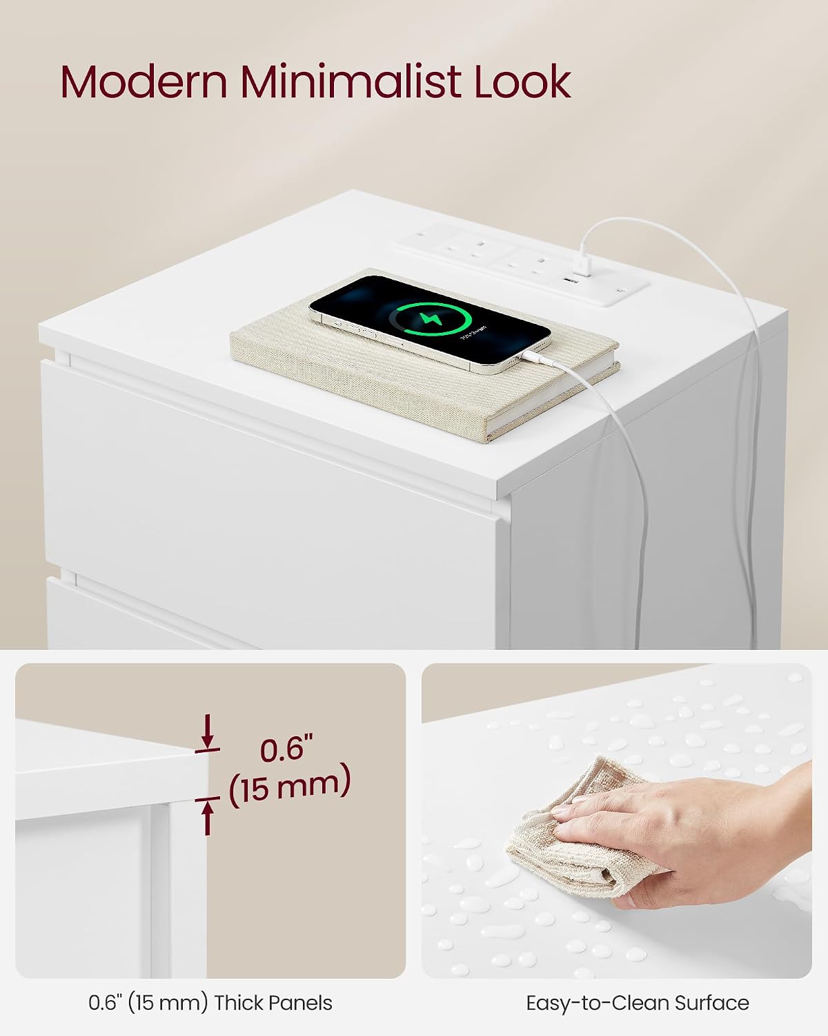 Thumbnail 6 de VASAGLE KAILYN LET631W15 Bedside Table, 3 Drawers, 2 AC Outlets and 2 USB Ports