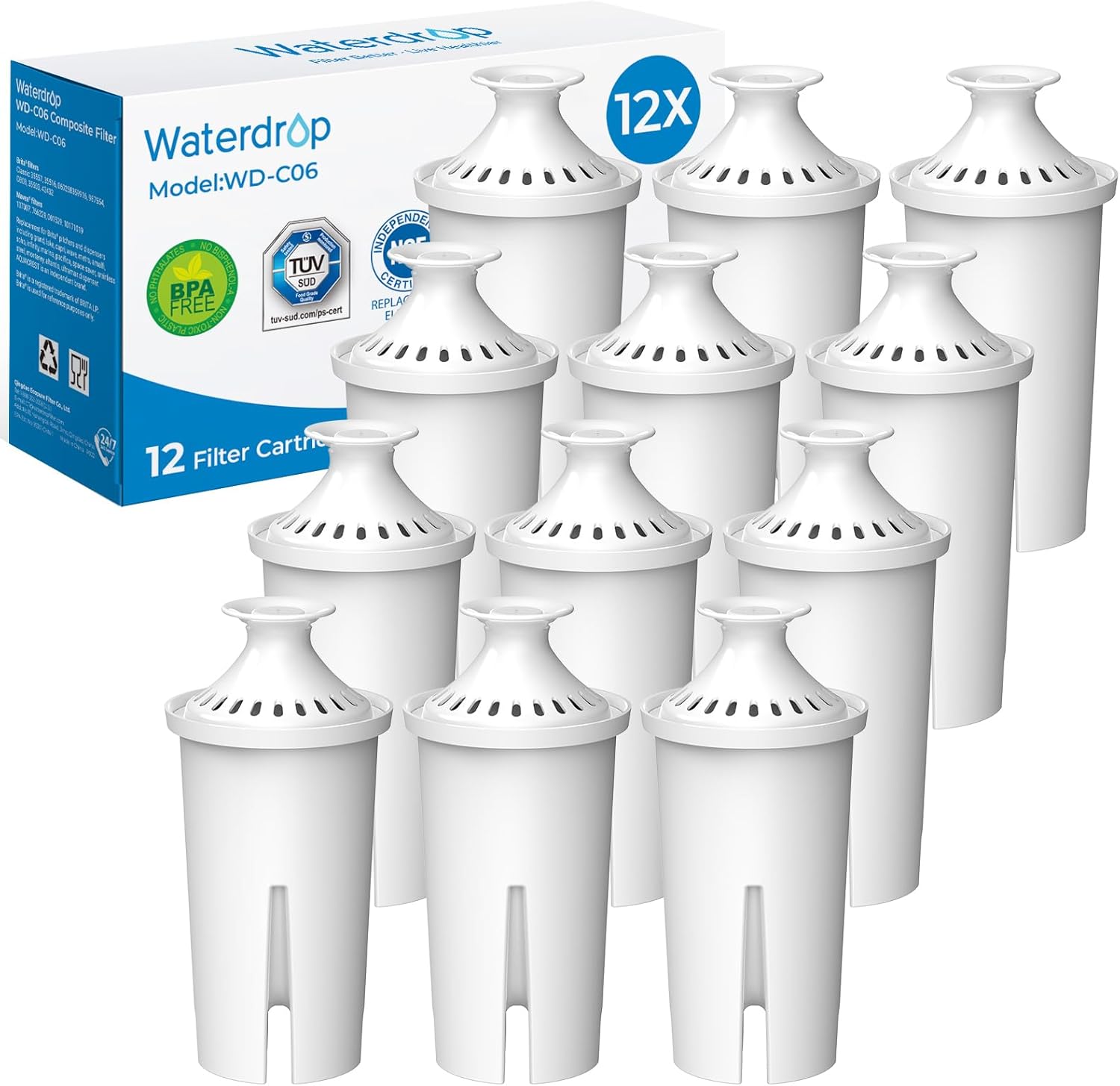 Waterdrop water filter cartridge replacement for Brita® Classic OB03 and compatible pitchers (NSF & TÜV SÜD certified)