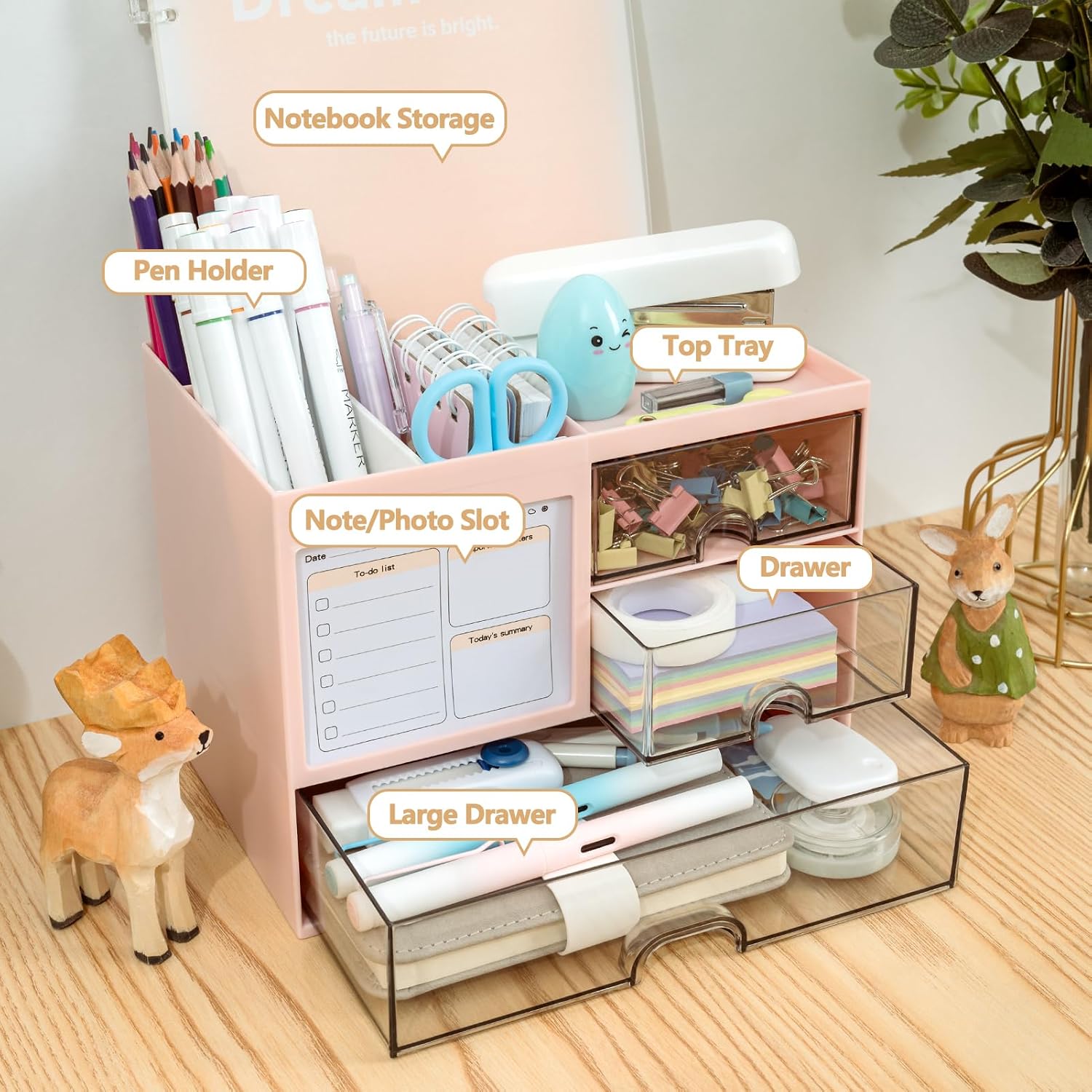Detalle 2 de RISEMART Desk Organiser with 3 Drawers: Large Capacity 21 x 14.5 x 15.5 cm, Pink