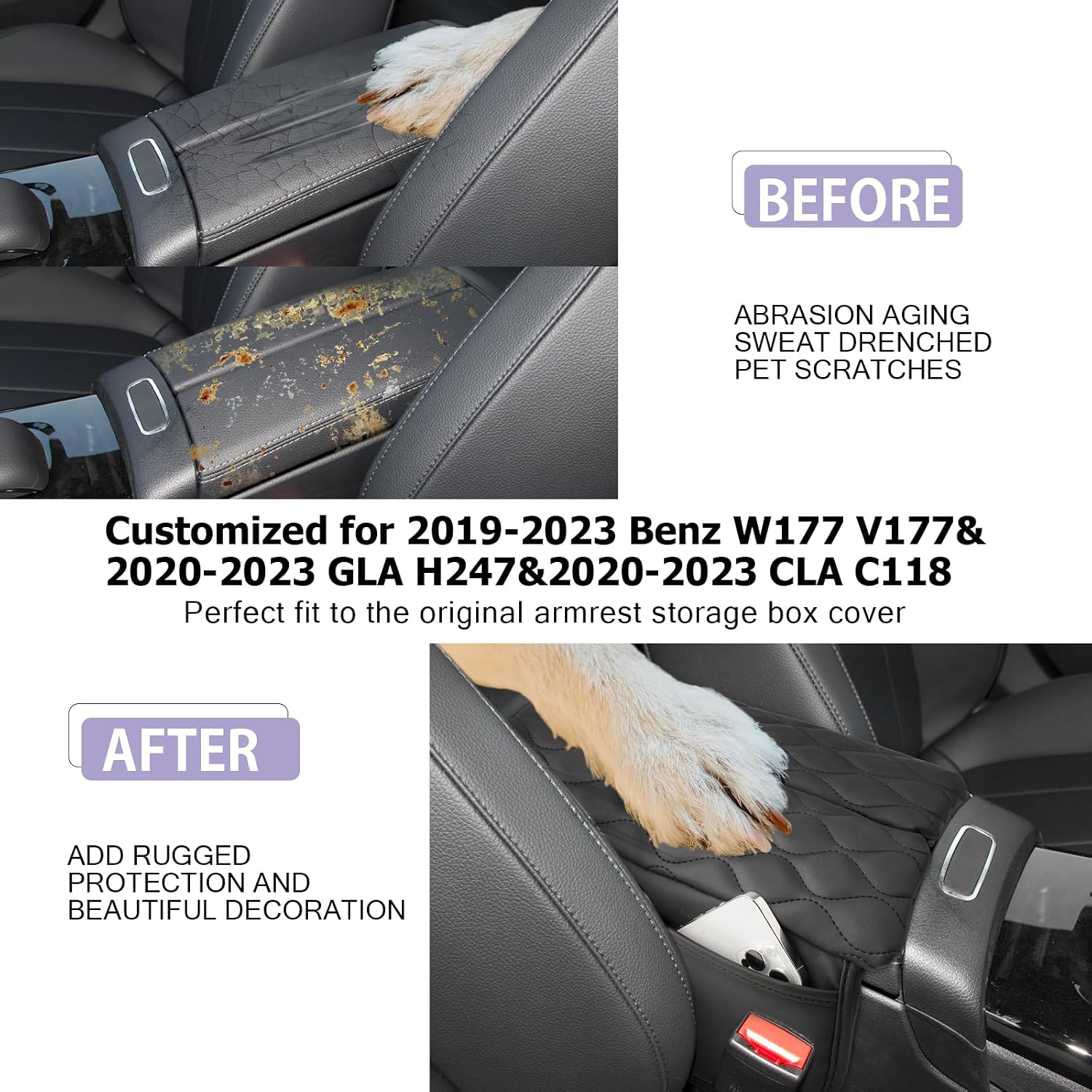 Detalle 2 de LUWU Leather Armrest Pad for Mercedes-Benz A-Class W177 / GLA H247 / CLA C118 / EQA (2023–2024) – Practical Interior Accessory