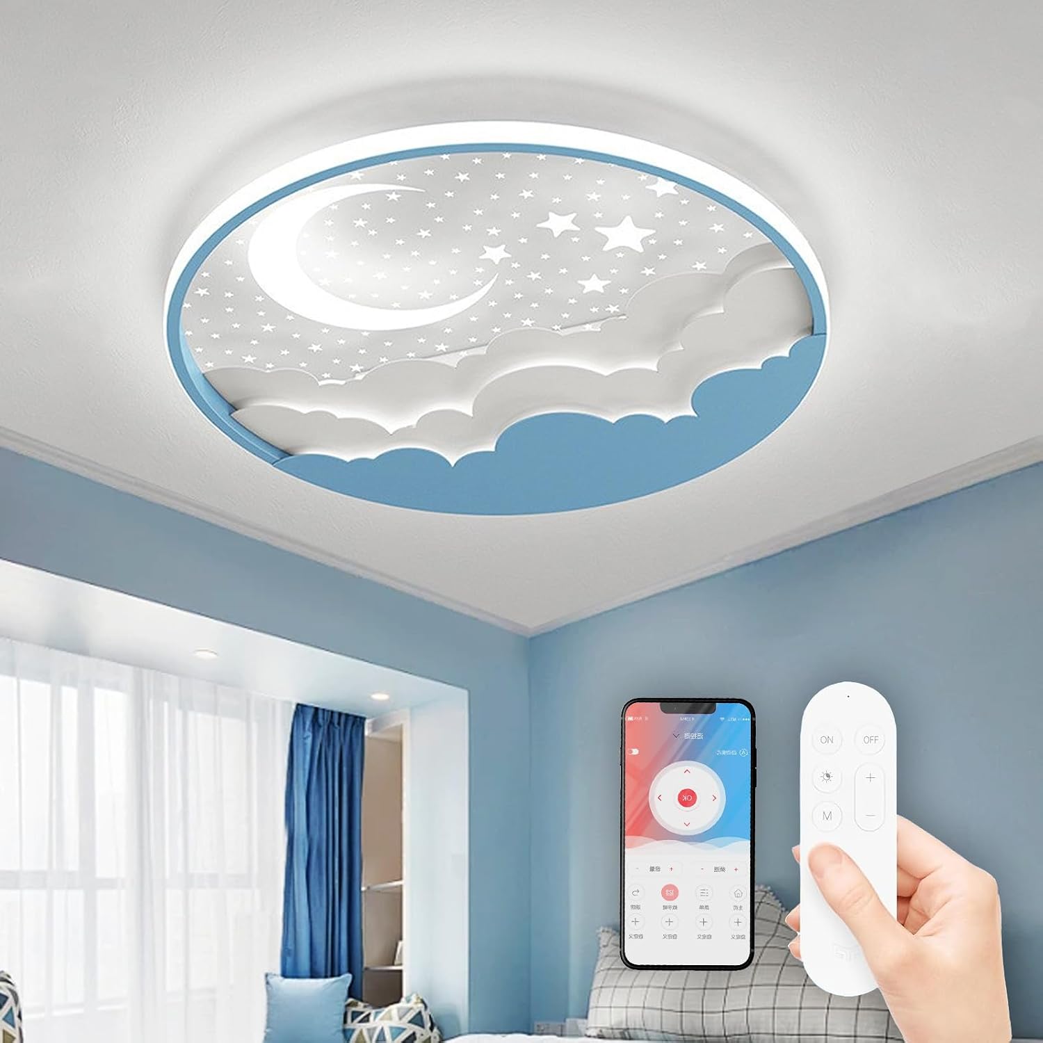 Detalle de Plafoniera Cameretta Bambini Star Moon: LED dimmerabile con telecomando, design stellato in acrilico Blu