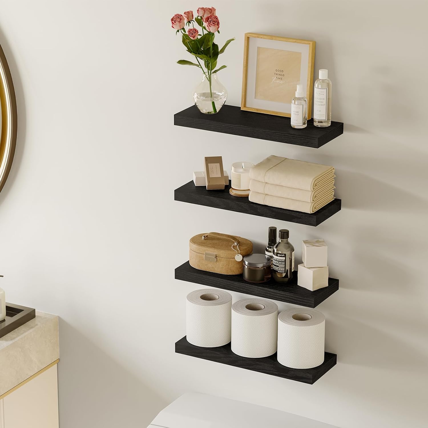 Thumbnail 1 de Fixwal Black Floating Shelves for Wall (Set of 4) — Rustic Wood Style Storage & Decor Shelves, 15.8 Inch