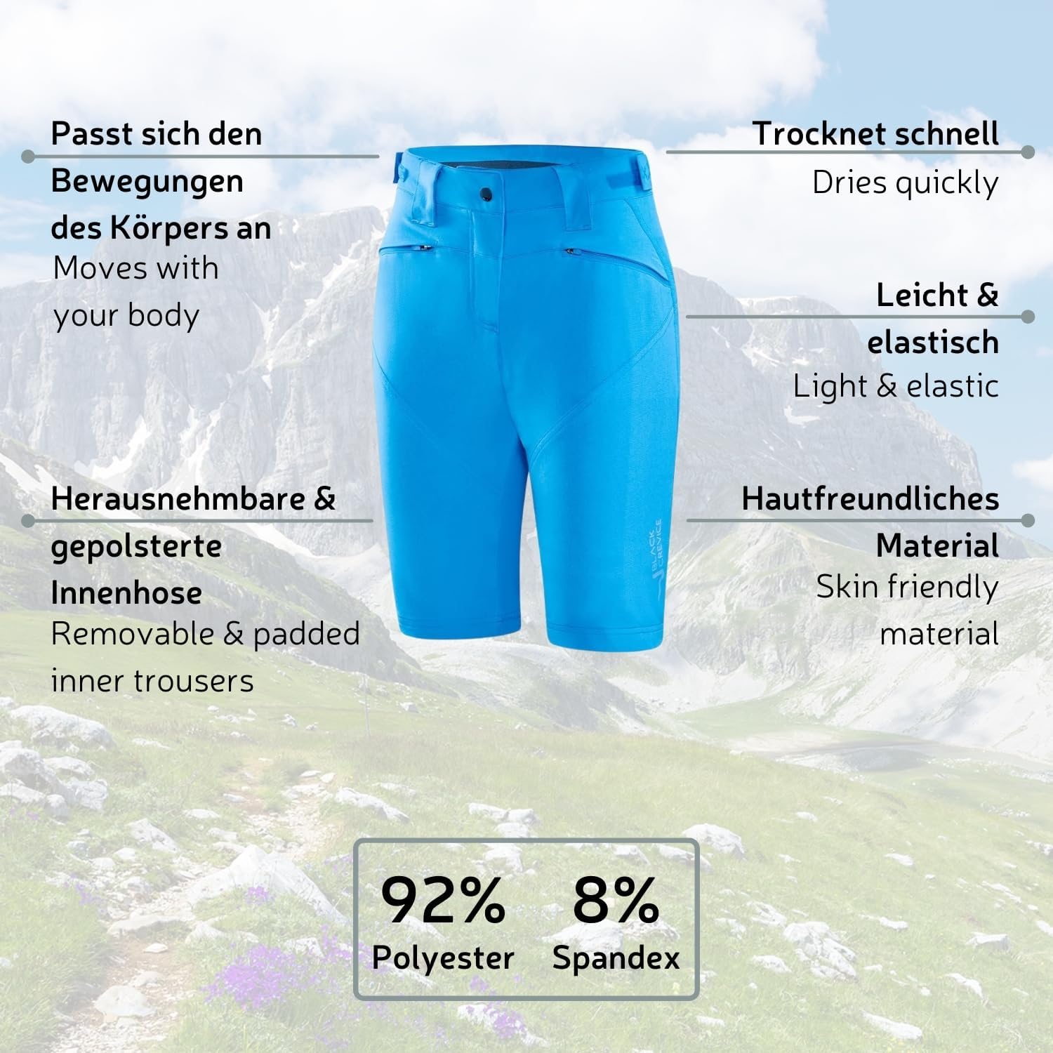 Thumbnail 3 de Black Crevice Damen MTB Hose Shorts Femme — Short de vélo tout-terrain rembourré amovible