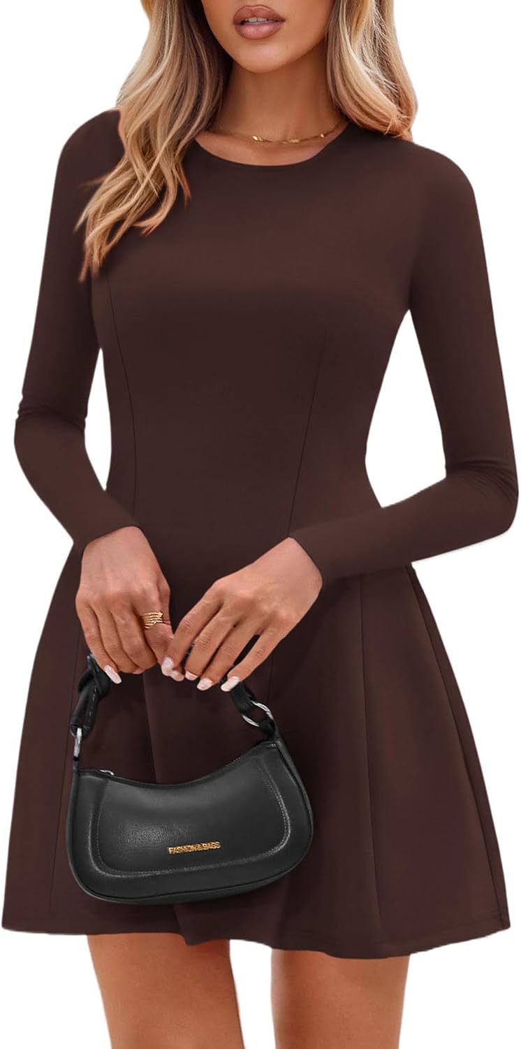 Detalle de PRETTYGARDEN Women's Pleated Knit Mini Dress, Long Sleeve A-Line