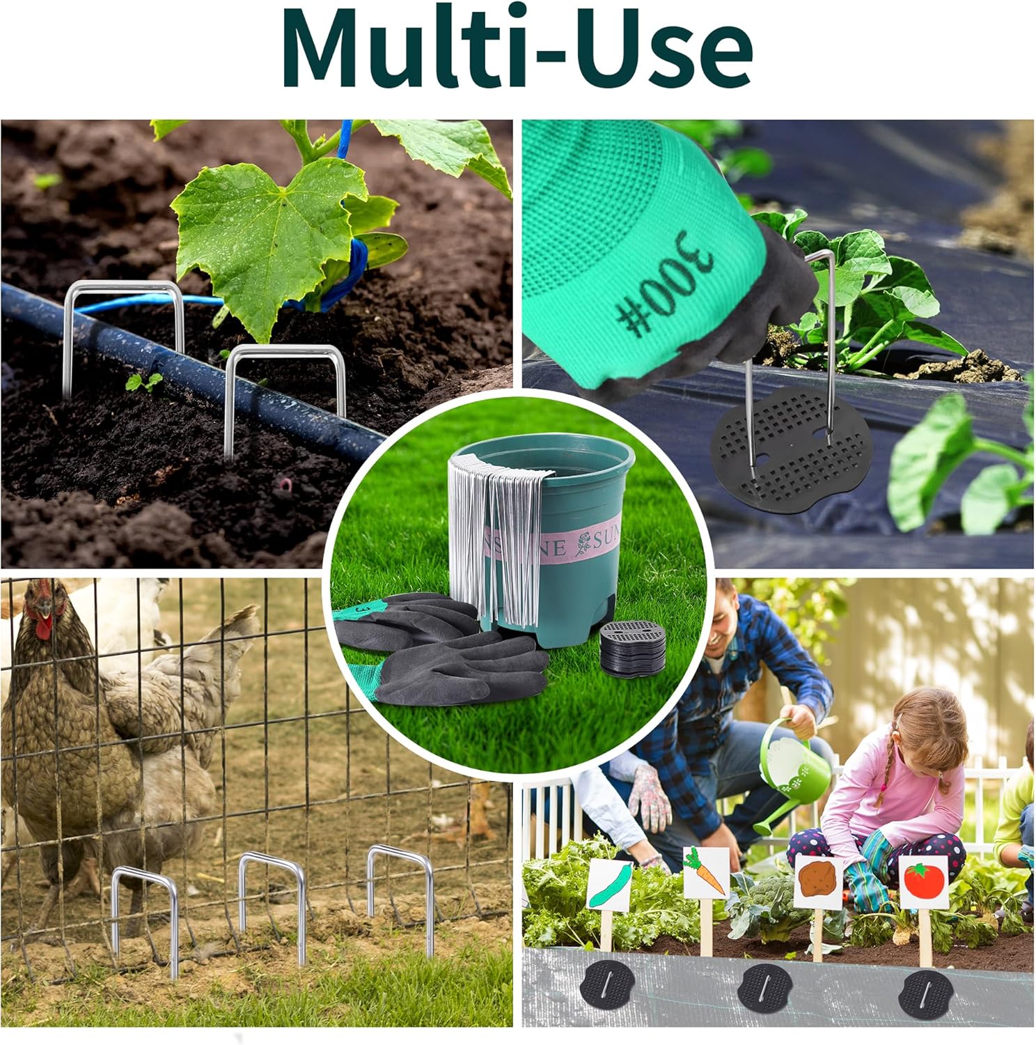 Thumbnail 6 de HuiCloud 50 Weed Control Membrane Pegs + 50 Buffer Washers Heavy Duty Metal Ground Pegs Set with Hook and Gloves