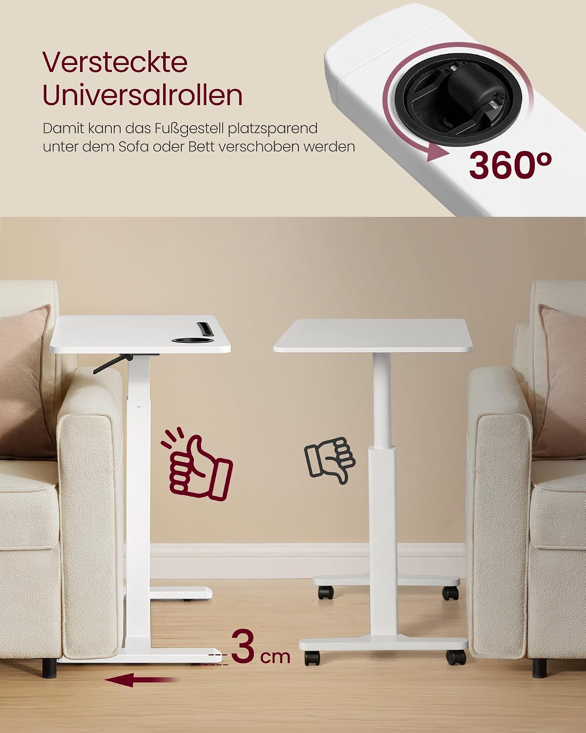 Detalle de VASAGLE Beistelltisch mit Rollen LSD600W01 – mobiler Stehtisch, 70 × 40 cm, höhenverstellbar