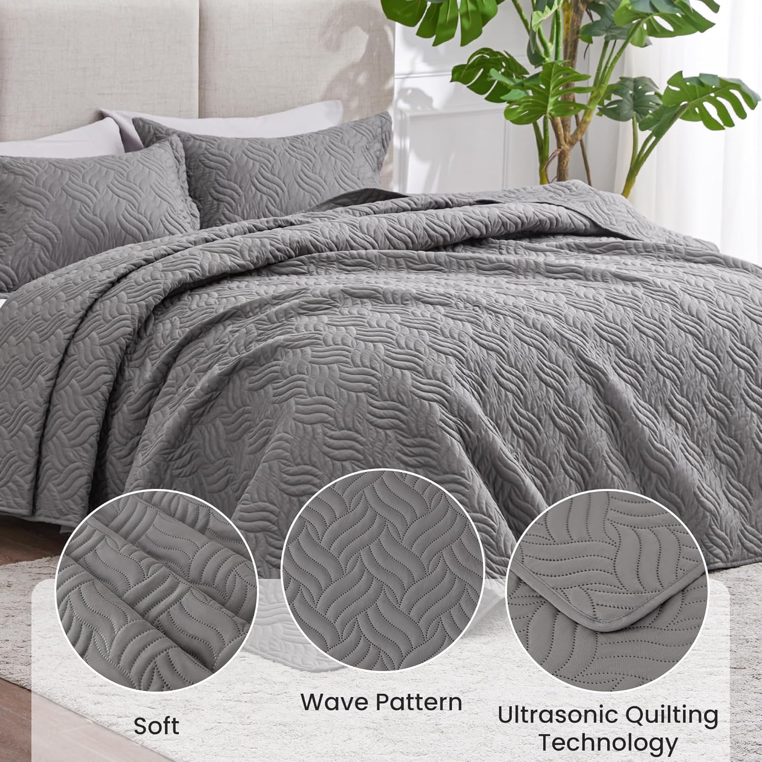 Detalle de Love's cabin Queen Quilt Set with Wave Pattern in Gray