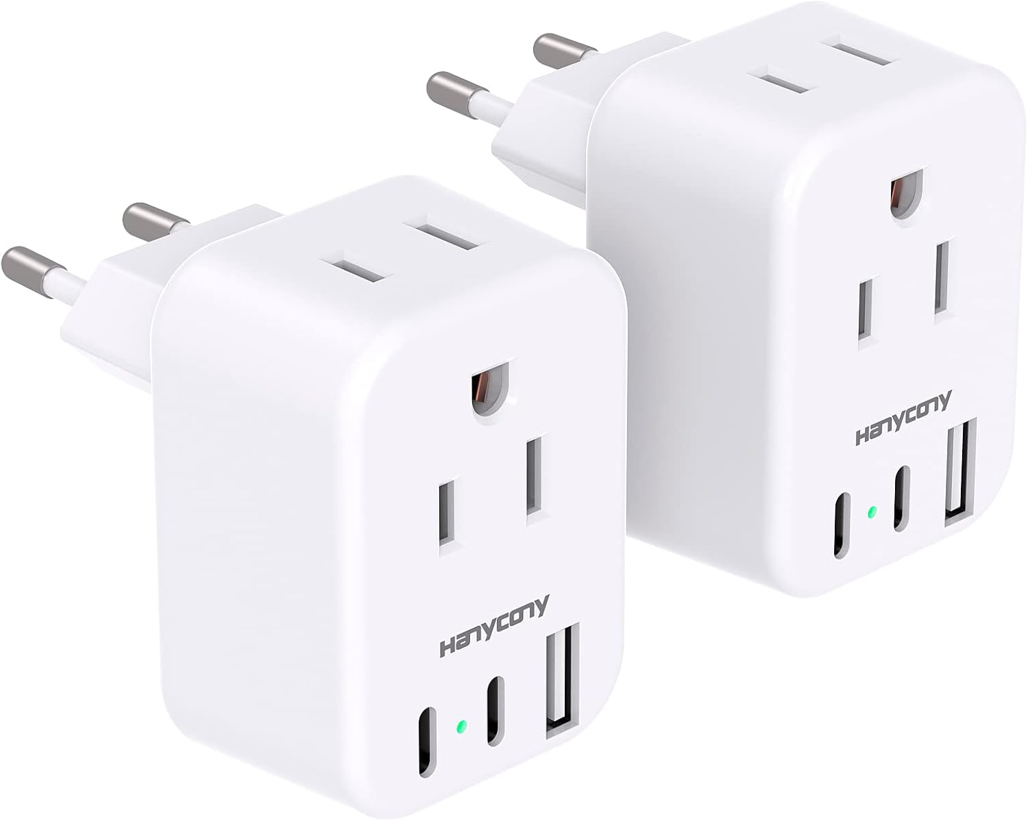 Detalle de HANYCONY European Travel Plug Adapter (US to Most Europe) with 2 USB-C Ports, 2 Outlets, 2-Pack