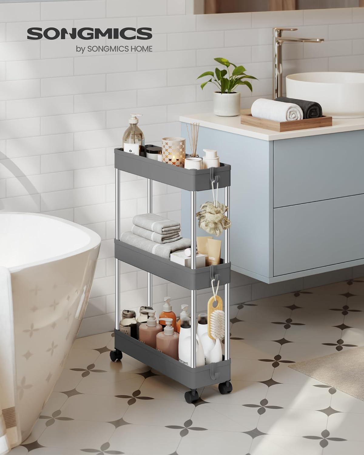 Detalle de SONGMICS Carrello Portaoggetti a 3 Livelli KSC007G01: design slim e versatilità per cucina, bagno e ufficio