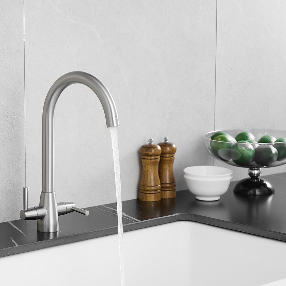 Thumbnail 1 de Heable dual lever kitchen mixer tap with swivel spout, brushed nickel finish