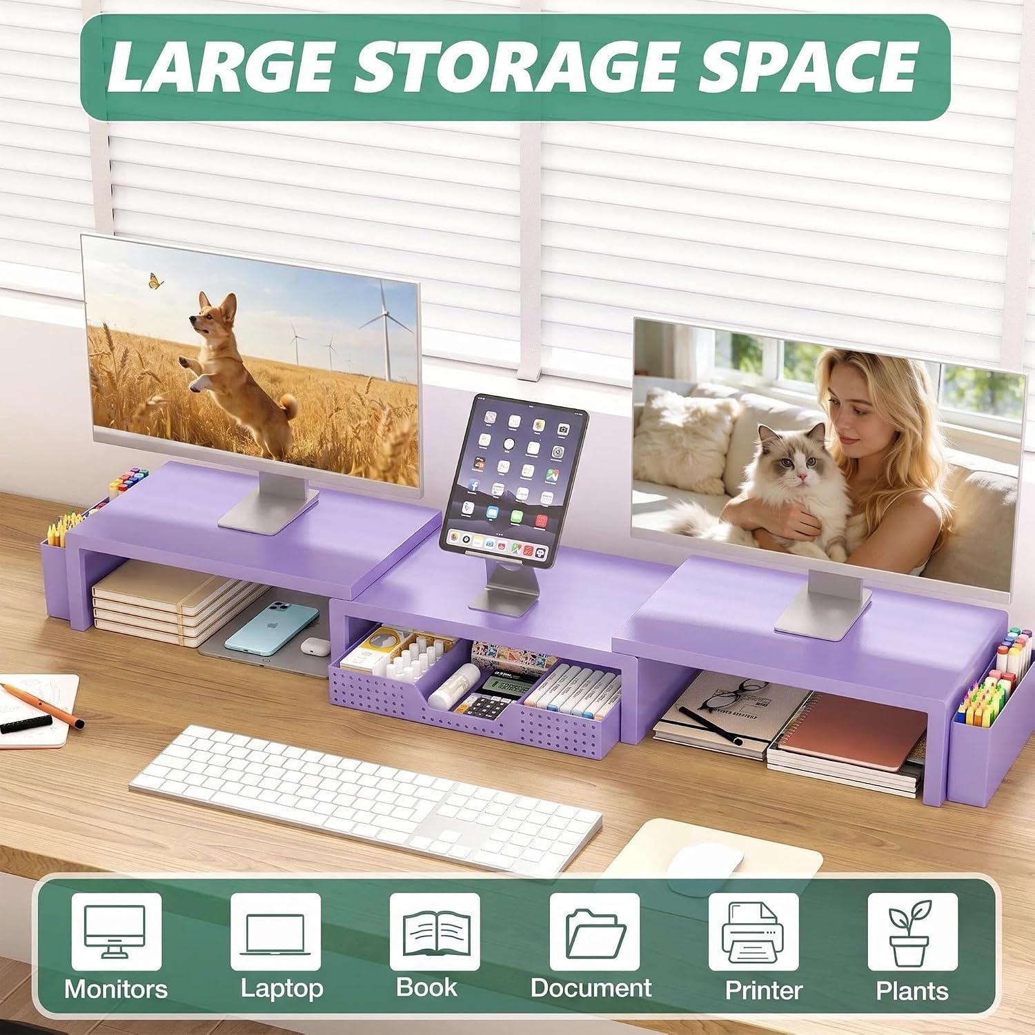 Thumbnail 4 de OPNICE Monitor Stand Riser with Drawer, 2 Magnetic Pen Holders, Purple