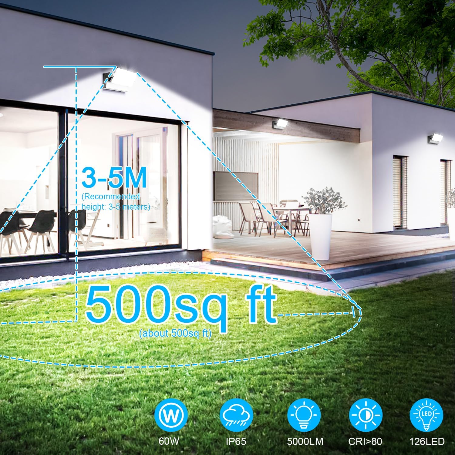 Detalle 2 de ledmo 4er-Set 60W LED-Wandleuchten außen/innen mit 360° schwenkbarem LED-Panel, 5.000 lm, 6.000 K, IP65
