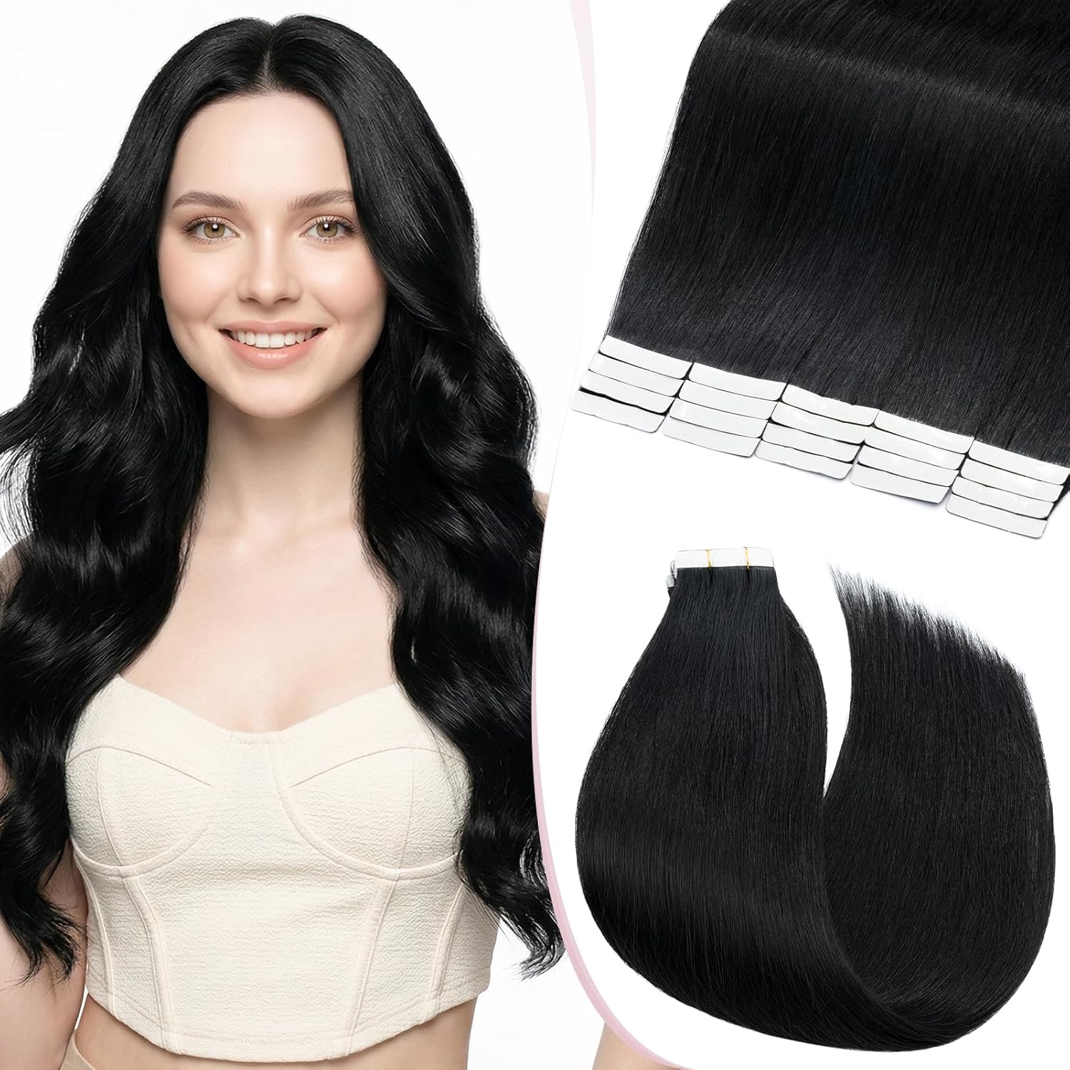 Detalle de SEGO Extensions Cheveux Naturel Adhésives Lisses et Légères – 20 Pièces, Bande Adhésive Blanche, 40 cm