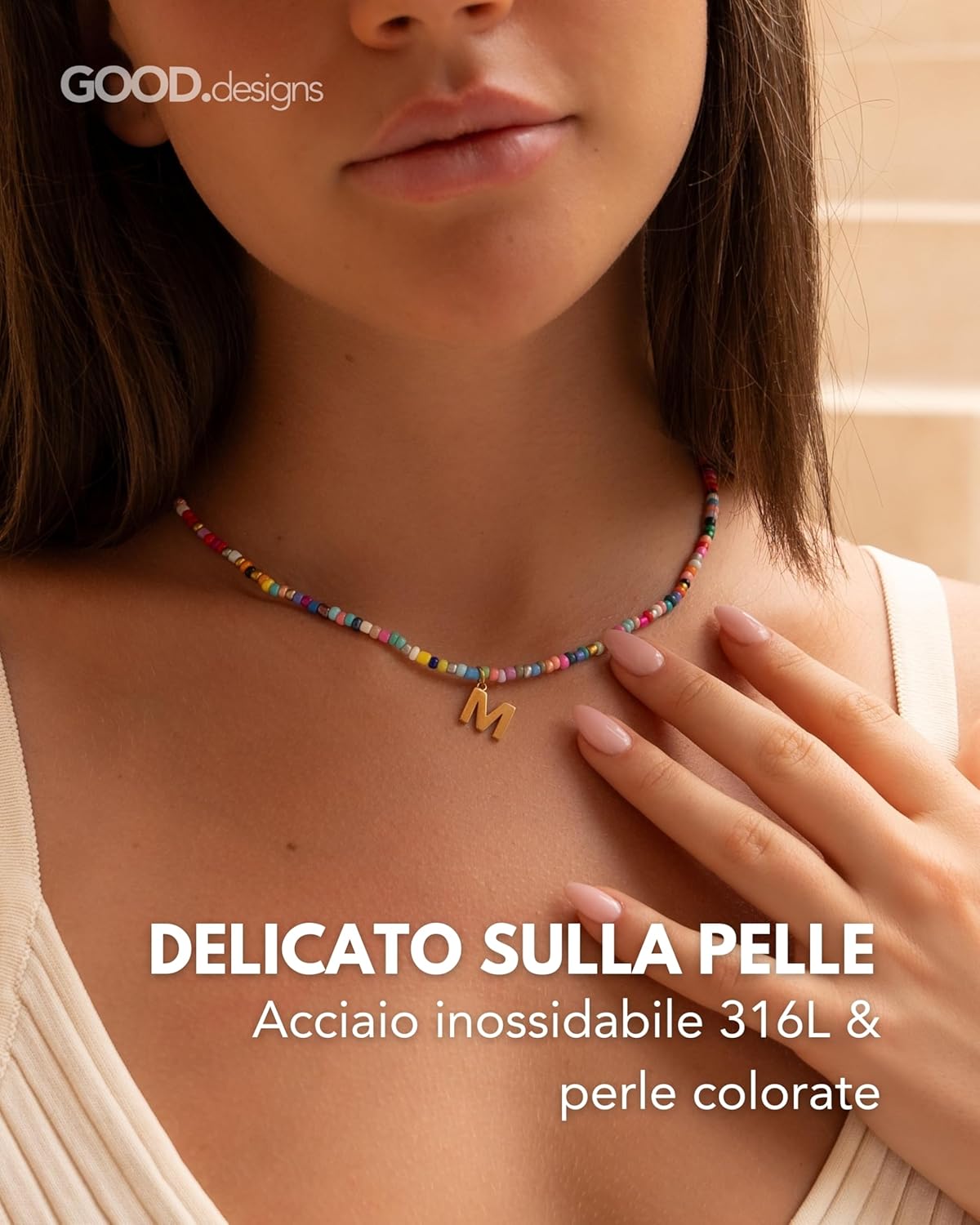 Thumbnail 1 de GD GOOD.designs Collana di perline colorate con iniziale in acciaio inox placcato oro 18K – regolabile 40–45 cm