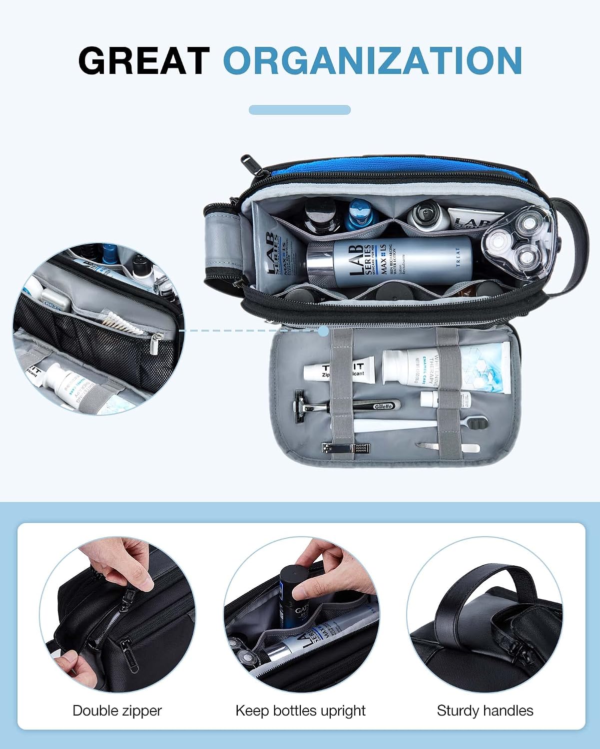 Detalle de BAGSMART Herren-Kulturbeutel (Reise-Kulturtasche) mit PU-Leder, wasserabweisend, Organizer & separater Fronttasche – Schwarz