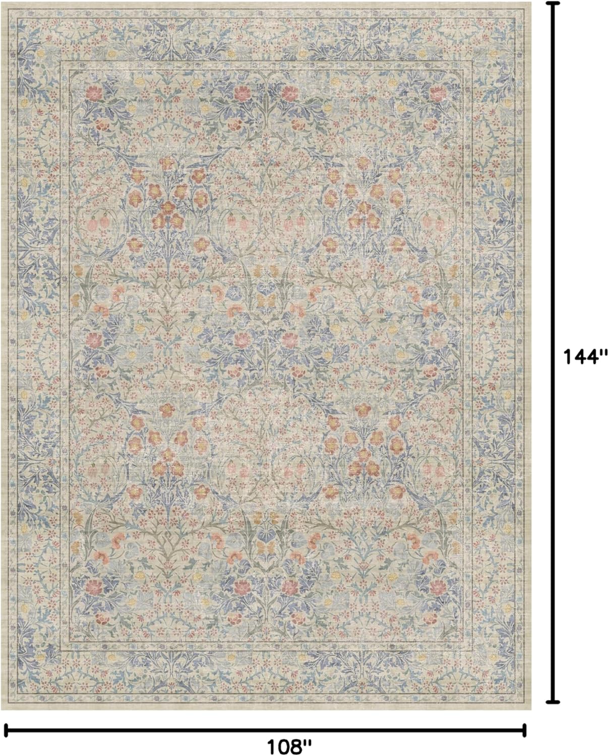 Thumbnail 1 de Washable Light Blue Bedroom Rug, 9x12 – Vintage Floral Design with Non-Slip Backing