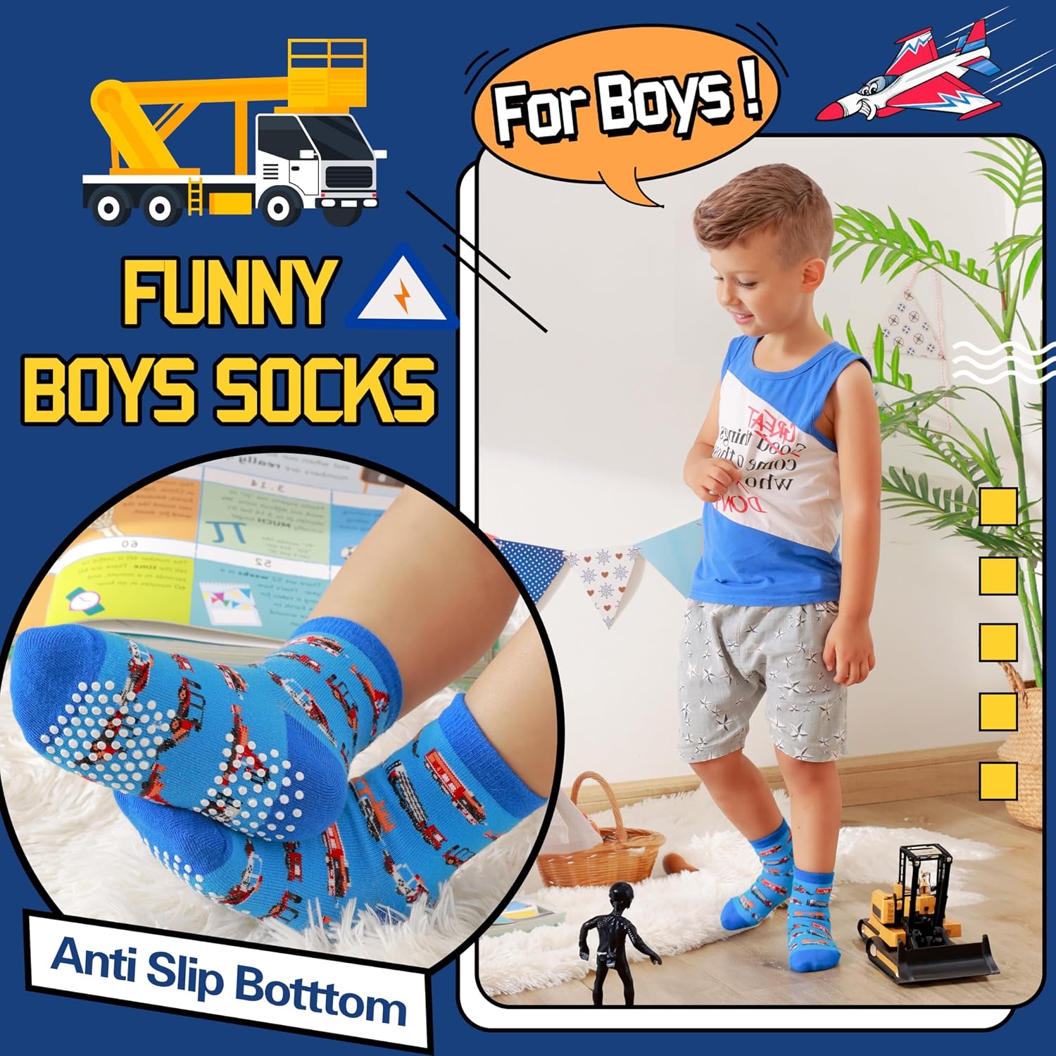 Detalle 2 de Welwoos 12-Pair Baby Boys’ Grip Socks, Cotton Crew with Cartoon Designs