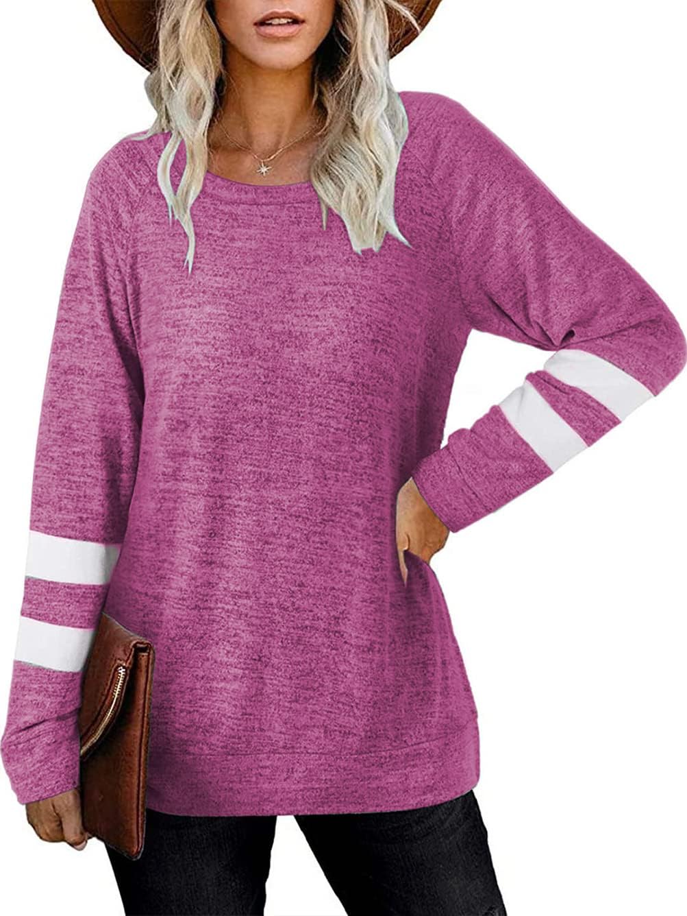 Thumbnail 2 de Famulily Women Comfy Striped Colour Block Soft Long Sleeve Tunics Tops