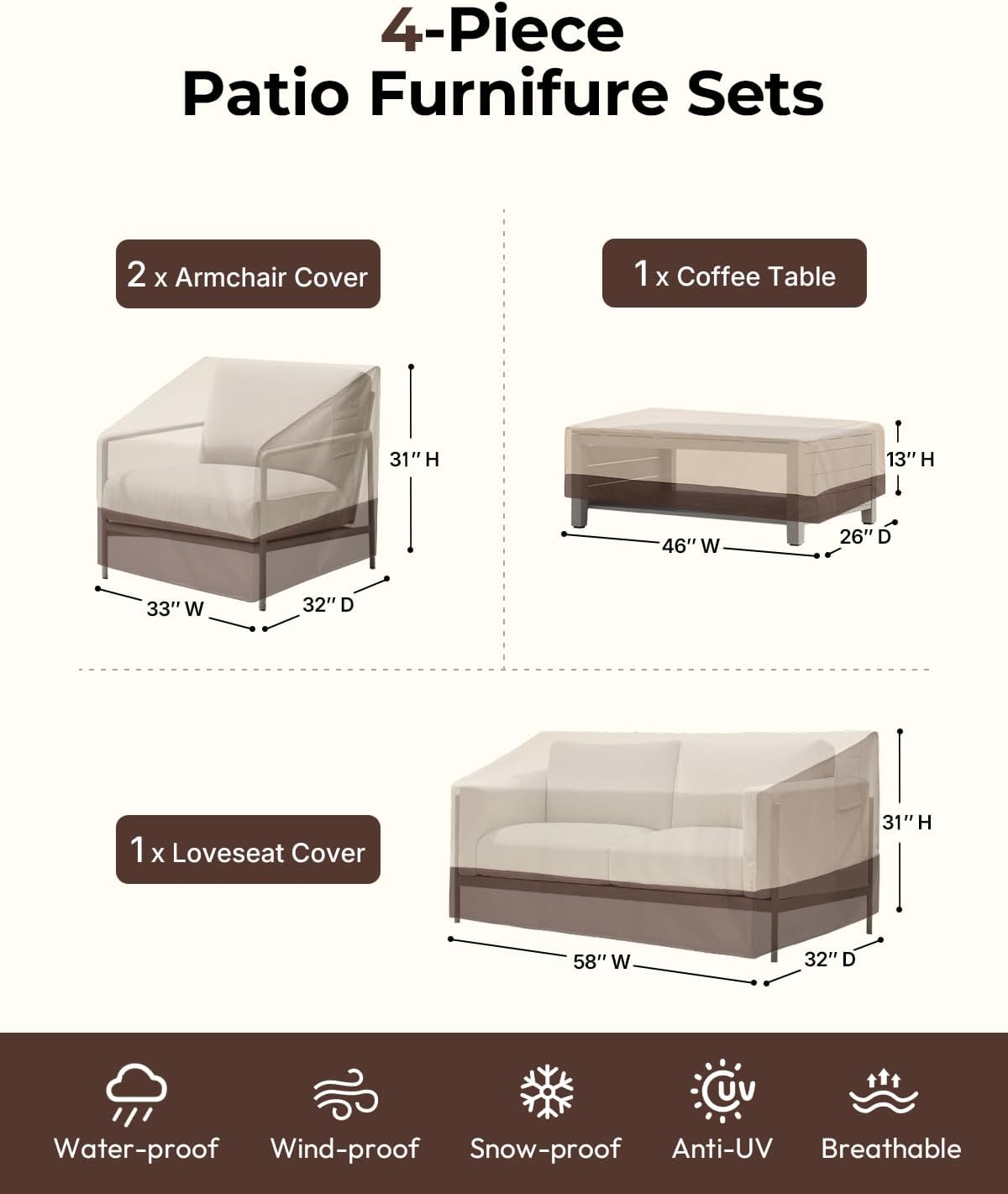 Detalle de Loriano SET4 4-Piece Patio Furniture Cover Set, Beige 600D Oxford