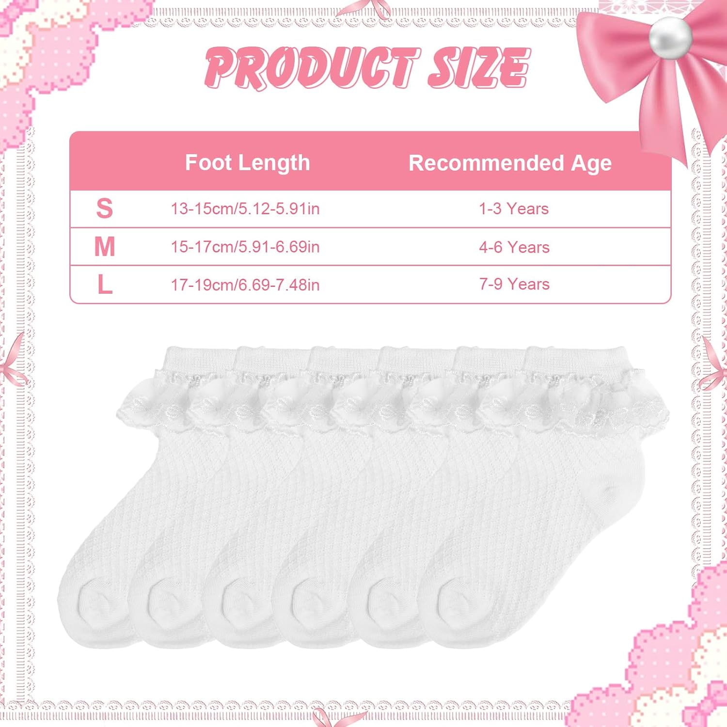 Thumbnail 1 de QKURT 6 Pairs Girls Frilly Ankle Socks – Cotton Lace Ballet Socks for 1–9 Years