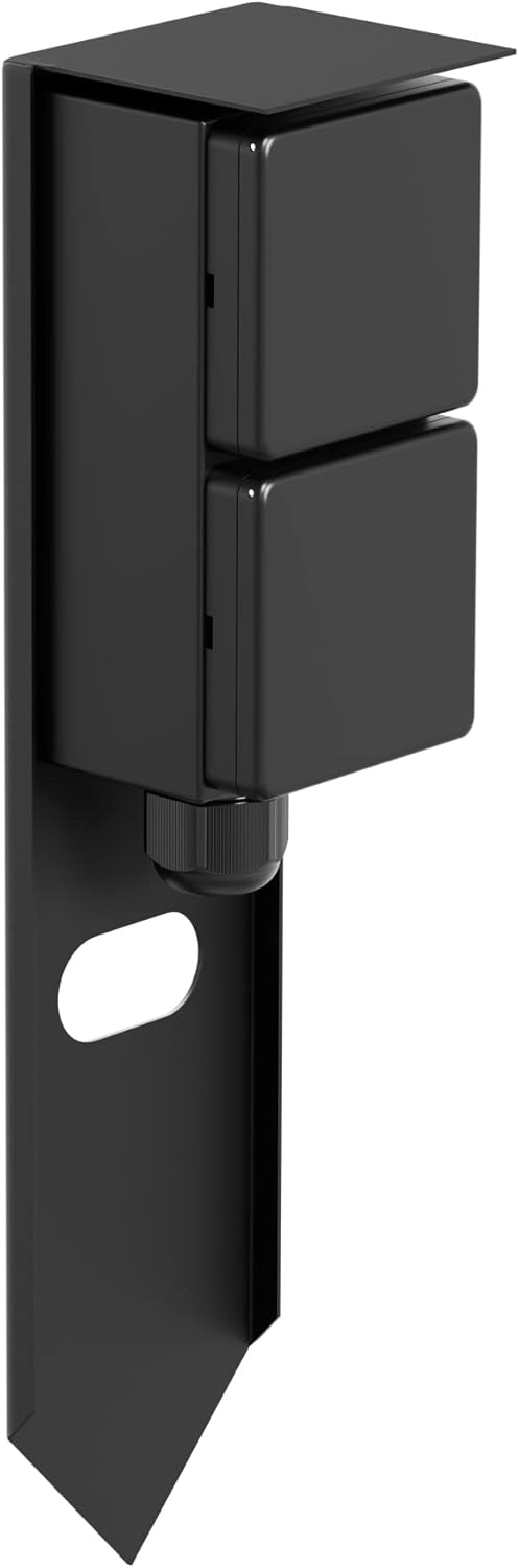 ledscom.de PIWI Garten-Steckdosensäule mit Erdspieß, IP44, 2-fach, Edelstahl schwarz eckig, 30 cm