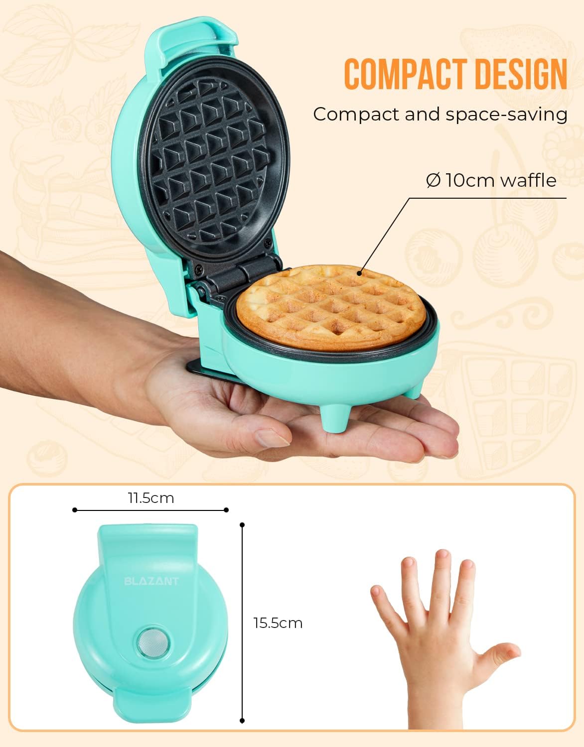 Detalle de Waffle Maker Mini Small Compact Design by BLAZANT: 4-inch, 550W, Nonstick for Breakfast and Snacks