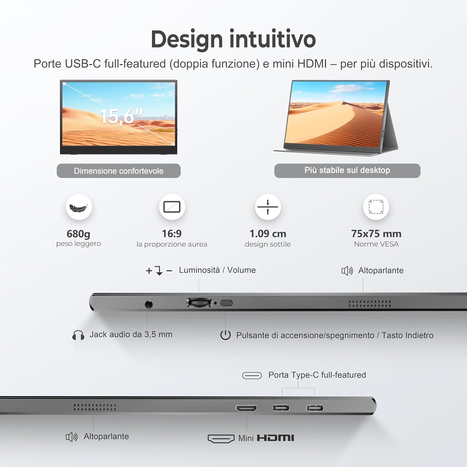 Detalle de UFYQL Monitor Portatile 15,6" IPS Full HD: schermo extra ultra-slim con custodia e connettività USB-C e mini HDMI